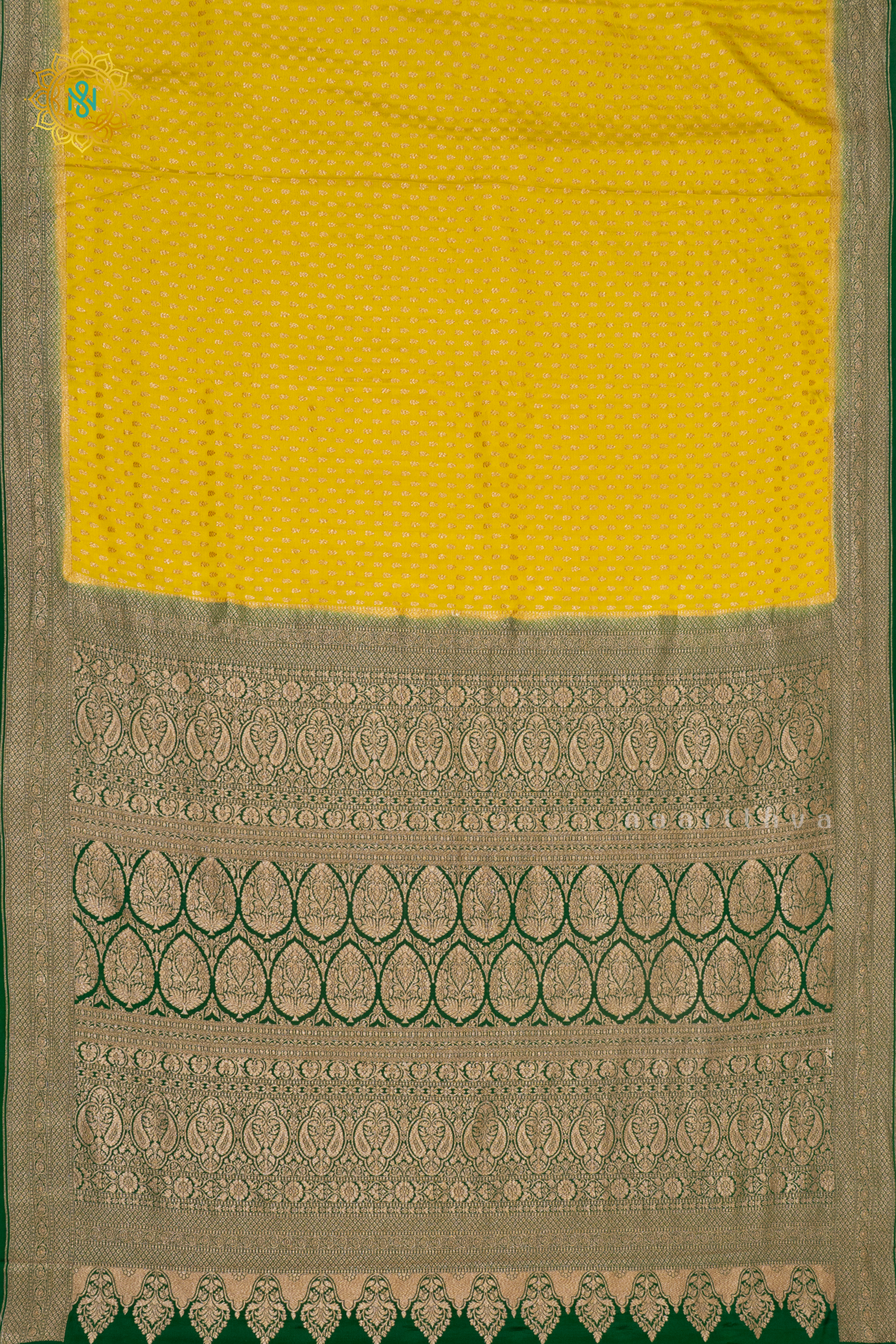 LEMON YELLOW WITH GREEN - PURE BANARASI CREPE SILK