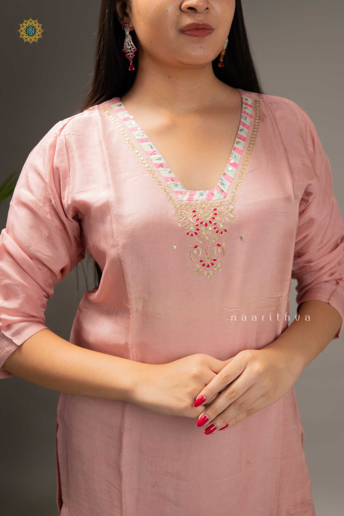 PEACH WITH PINK - SILK 3PC SALWAR SUIT WITH TOP, BOTTOM & DUPATTA