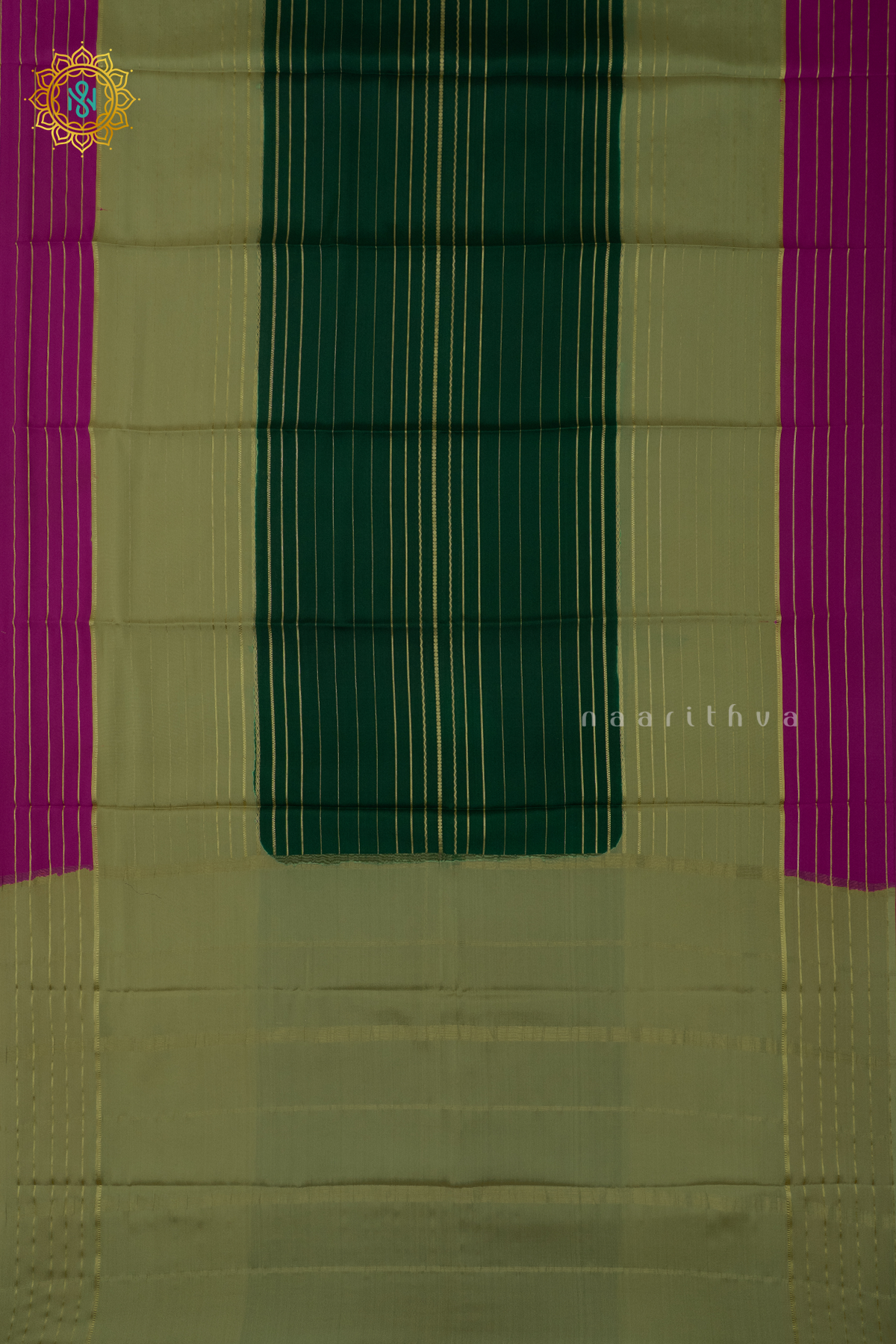 BOTTLE GREEN WITH SAGE GREEN & PINK - PURE MYSORE CREPE SILK
