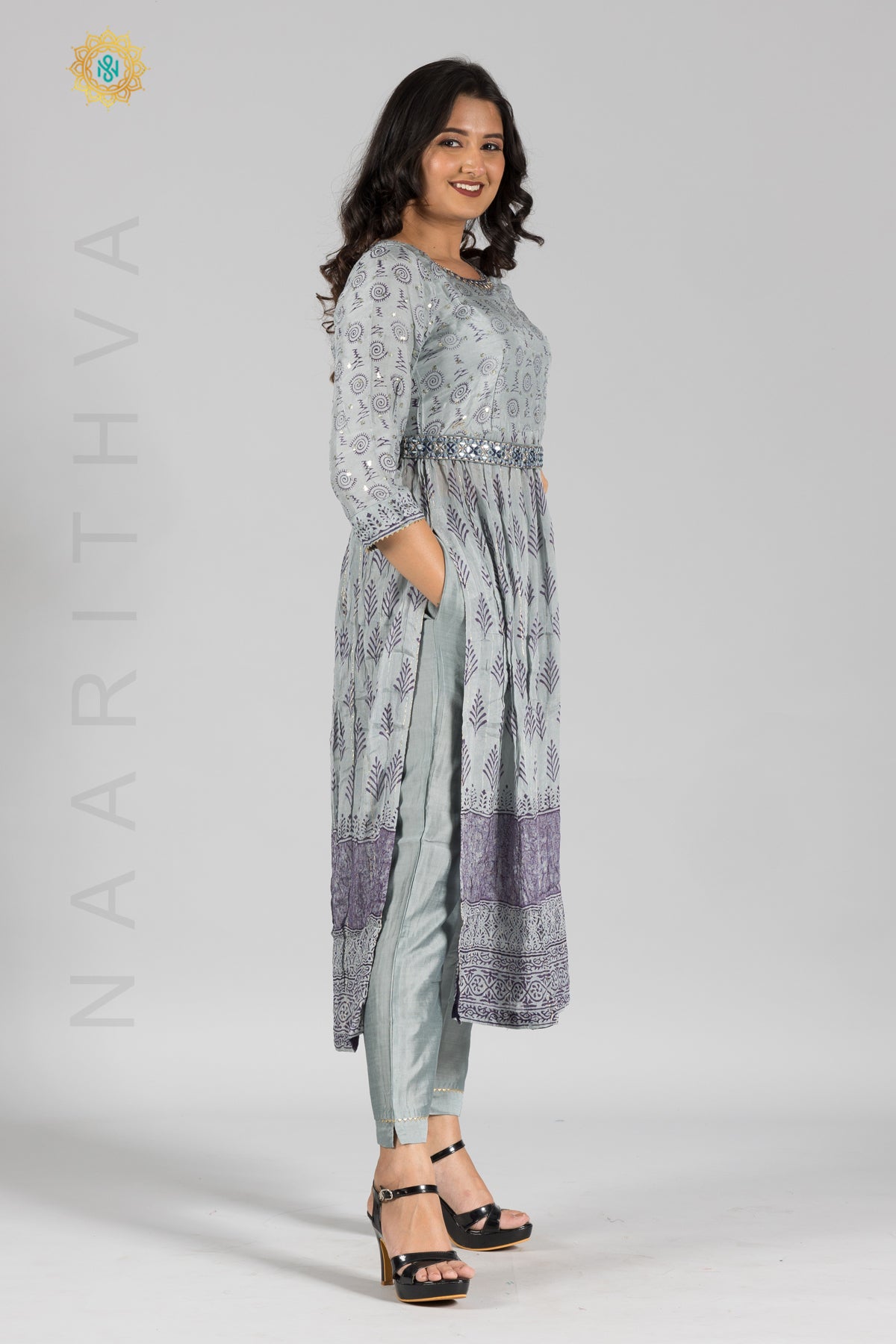 GREY - PRINTED NAYRA CUT SALWAR SUIT WITH STRAIGHT CUT PANT & DUPATTA