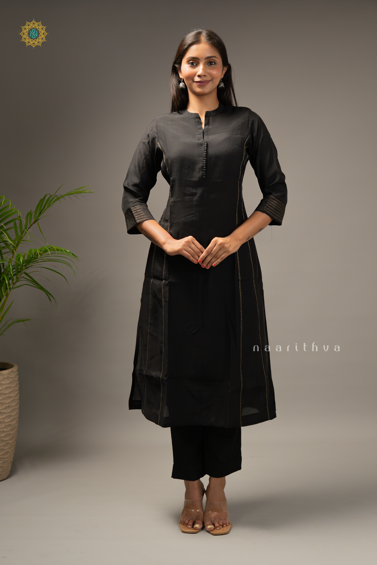 BLACK WITH OFF WHITE - SILK 3PC SALWAR SUIT WITH TOP, BOTTOM & DUPATTA