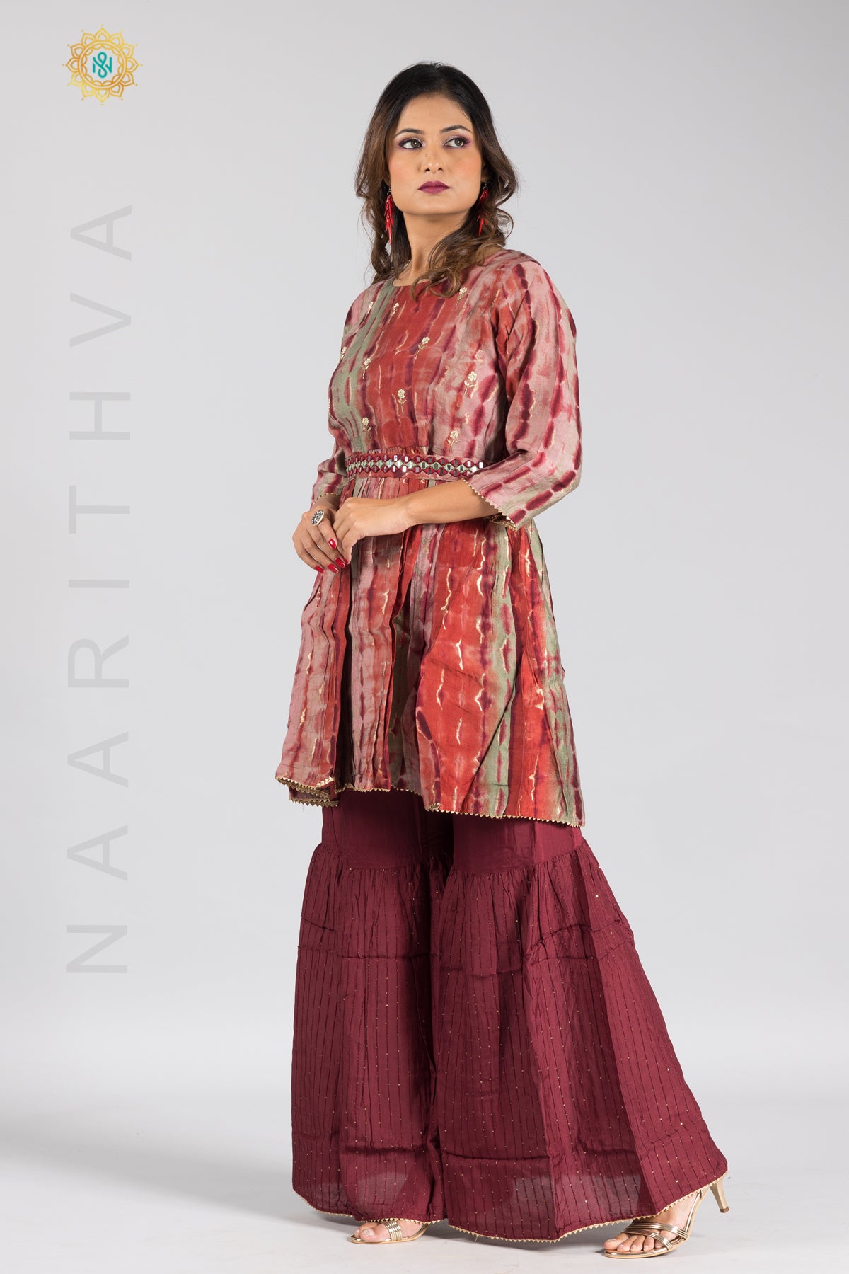 MAROON - PRINTED PAPLONE SALWAR SUIT WITH SHARARA PANT & DUPATTA
