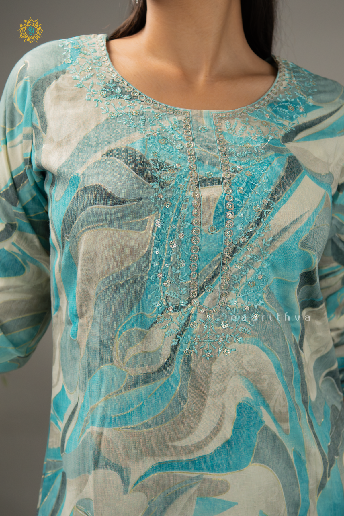 AQUA BLUE - COTTON 3PC SALWAR SUIT WITH PRINTED TOP, BOTTOM & DUPATTA