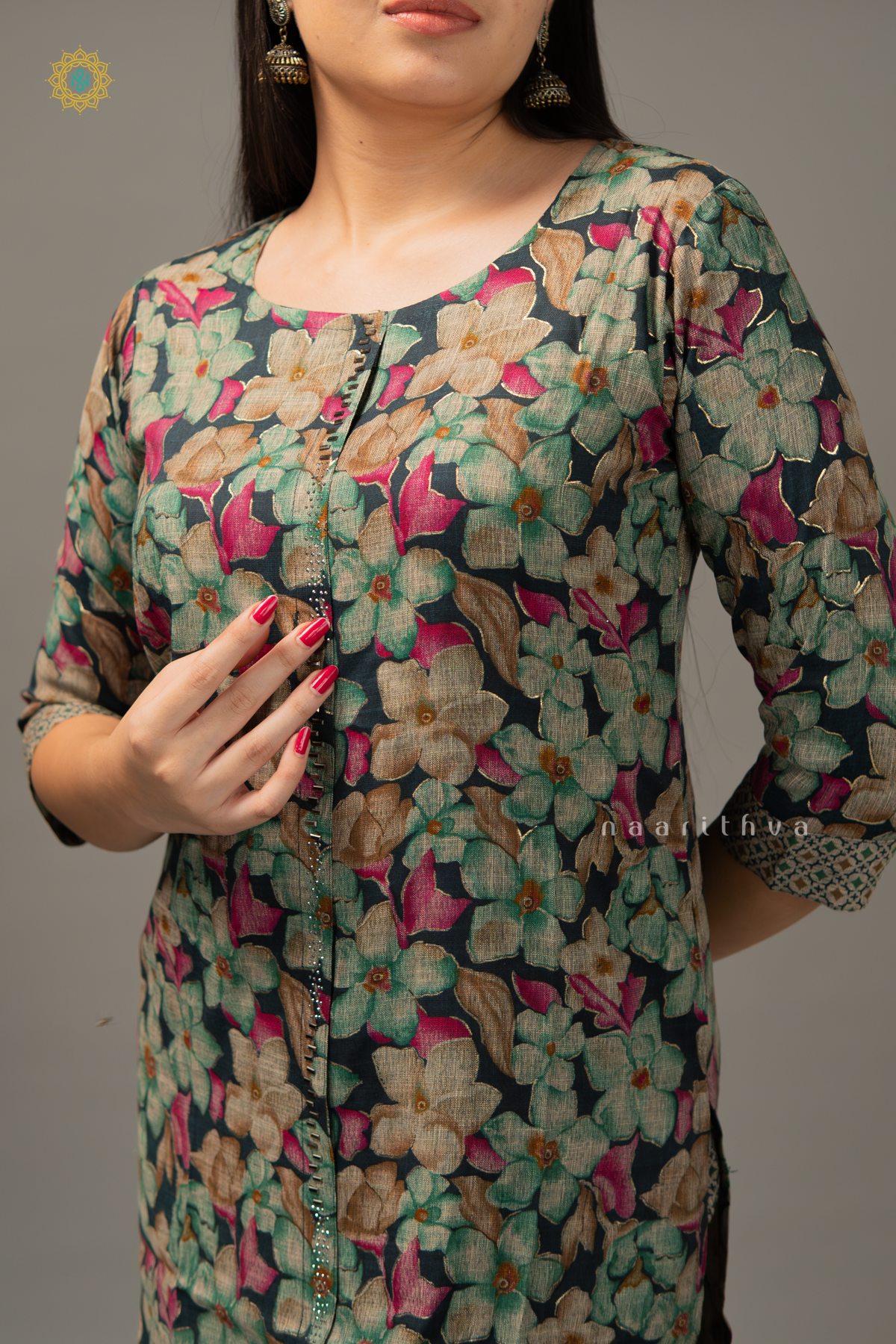 BOTTLE GREEN - COTTON 3PC SALWAR SUIT WITH FLORAL PRINTED TOP, BOTTOM & DUPATTA