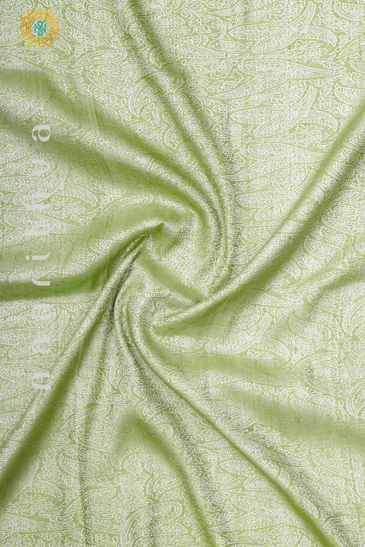 GREEN WITH OFF WHITE & YELLOW - PURE HAND PAINTED TUSSAR GEORGETTE