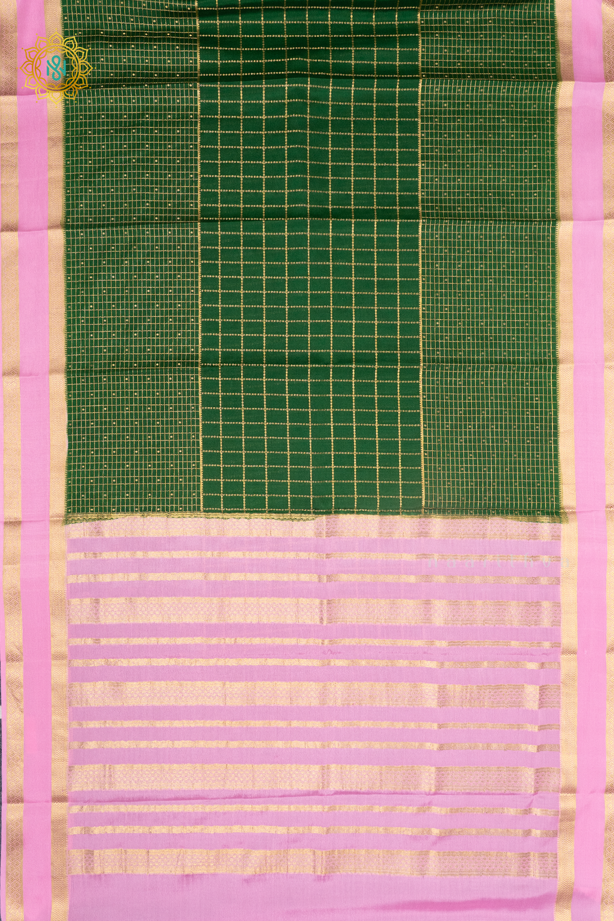 BOTTLE GREEN WITH BABY PINK - PURE MYSORE CREPE SILK