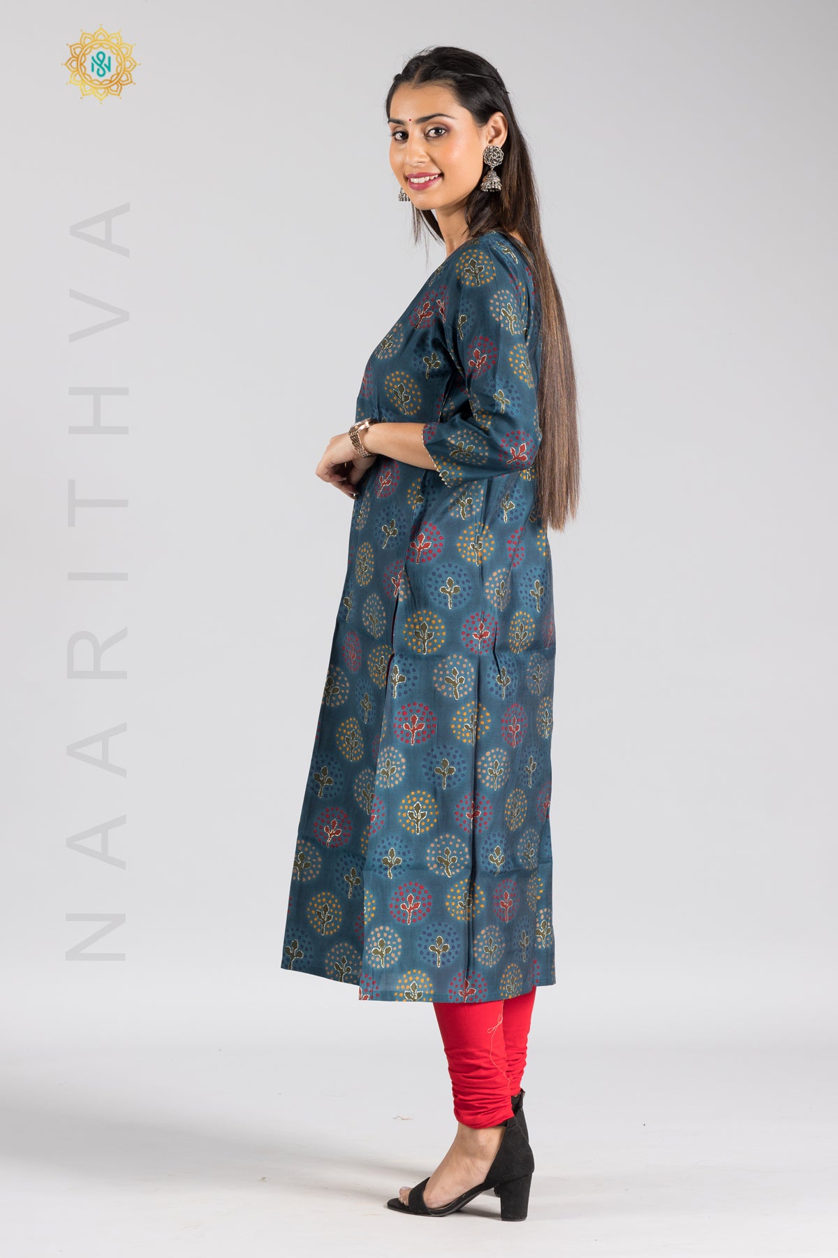 BLUE - MODAL SILK CASUAL PRINTED STRAIGHT CUT KURTI WITH NECK EMBROIDERY