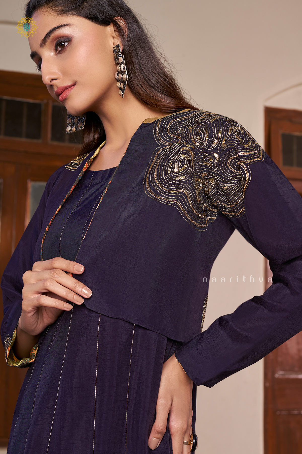 NAVY BLUE - SILK 3PC SALWAR SUIT WITH TOP, BOTTOM & COURT