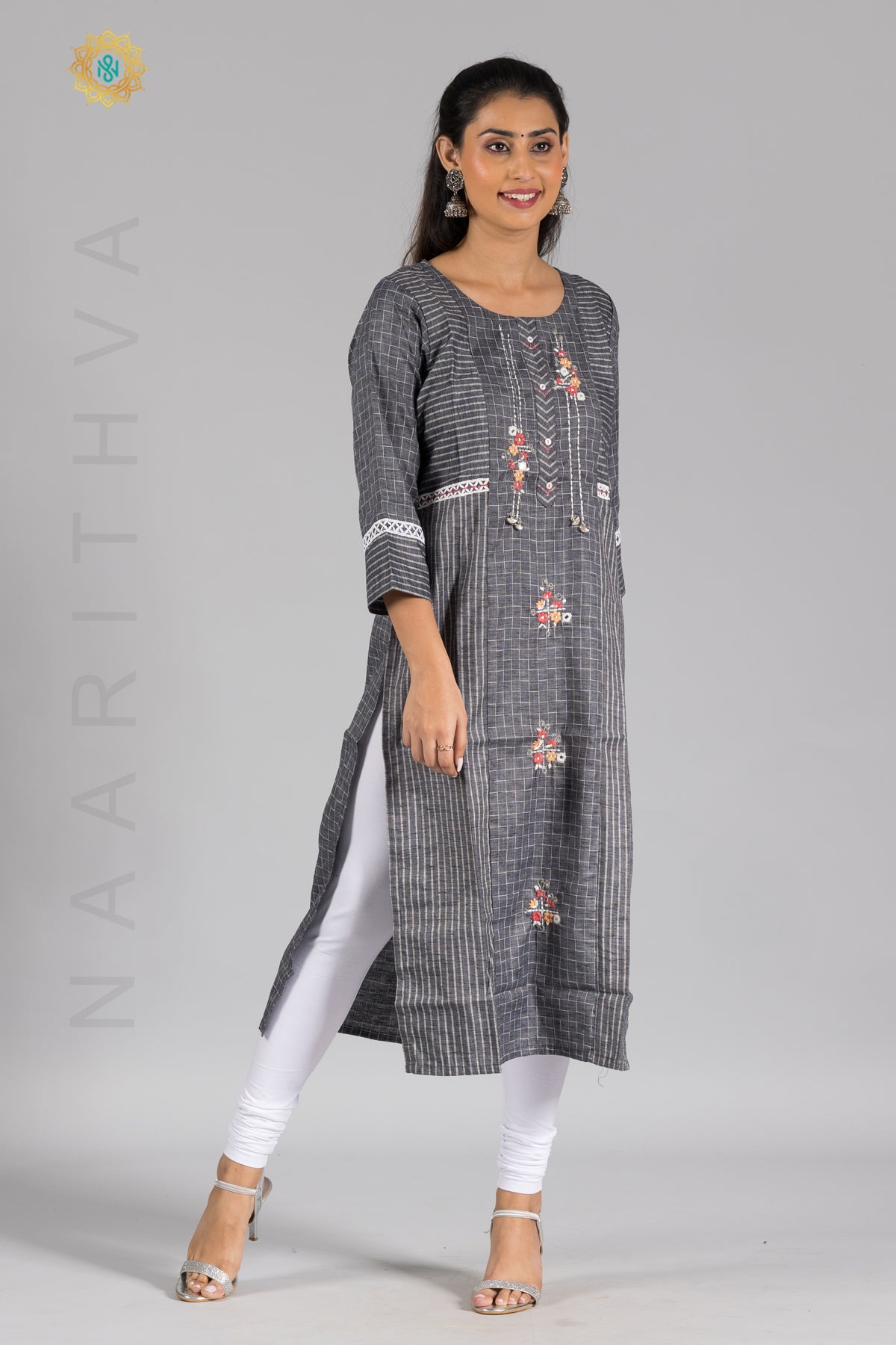 DARK GREY - COTTON CASUAL KURTI WITH SIMPLE EMBROIDERY WORK