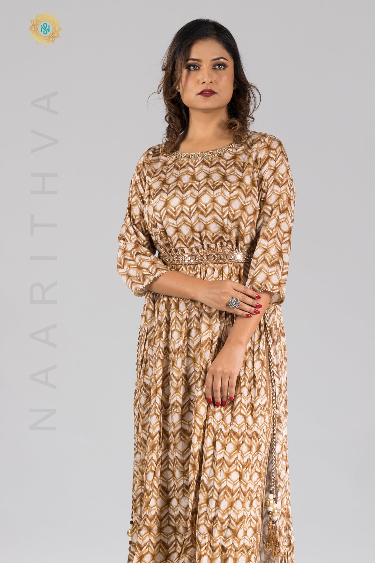 BROWN & WHITE - PARTY WEAR NAYRA CUT SALWAR SUIT WITH PARALLEL CUT PANT & DUPATTA