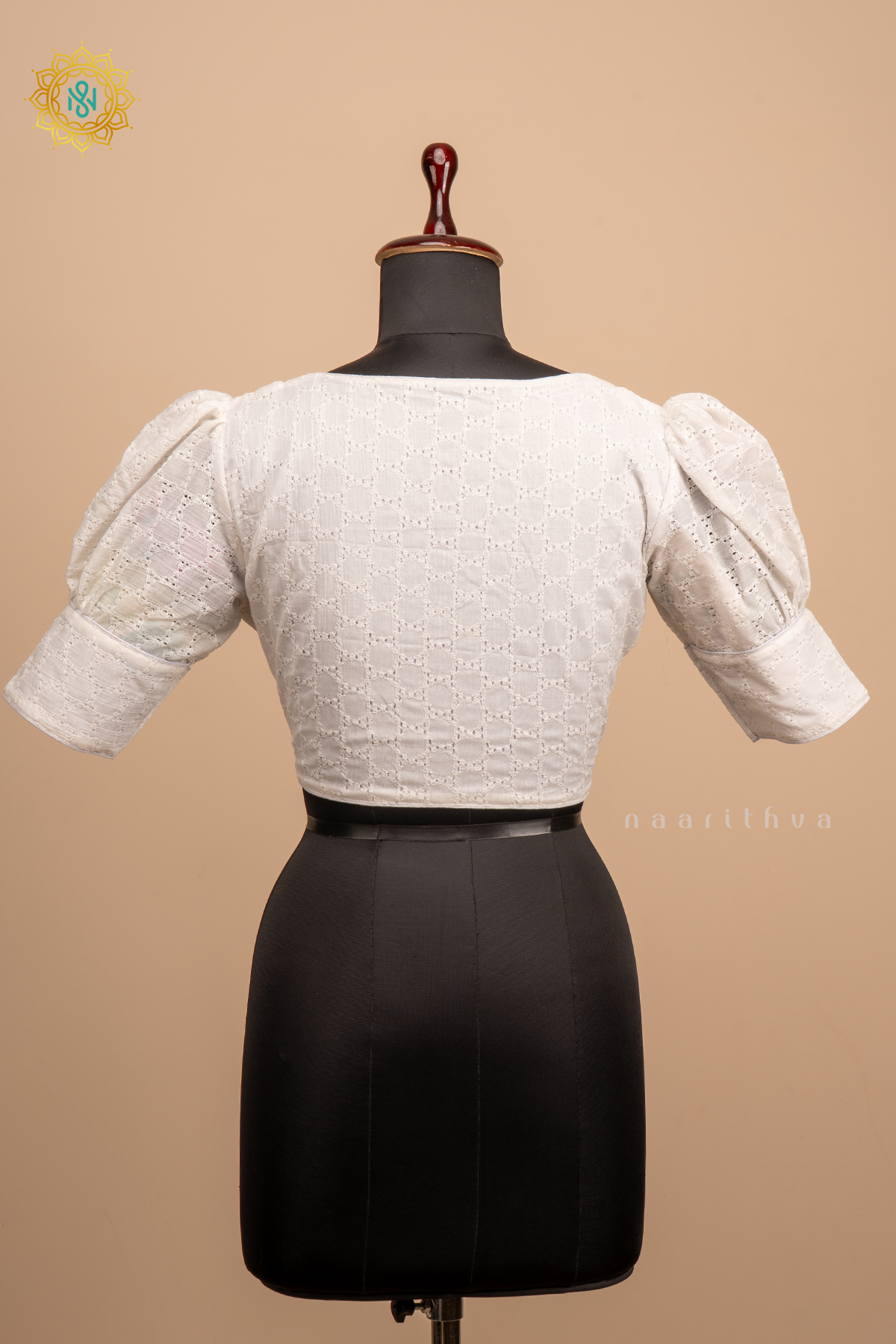 White - Cotton readymade blouse with hakoba work and puff sleeves