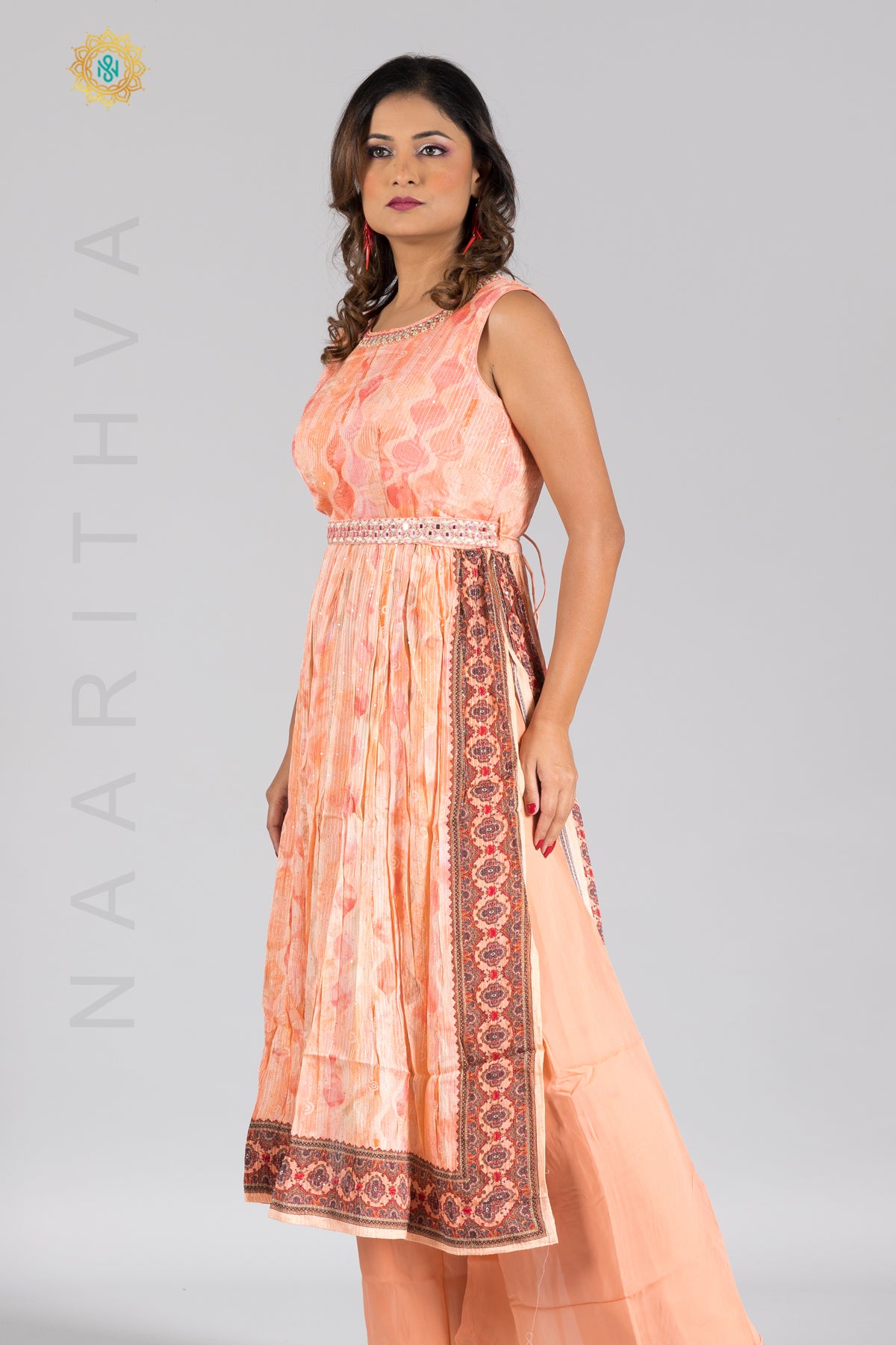 PEACH - PRINTED NAYRA CUT SALWAR SUIT WITH PALAZZO PANT & DUPATTA