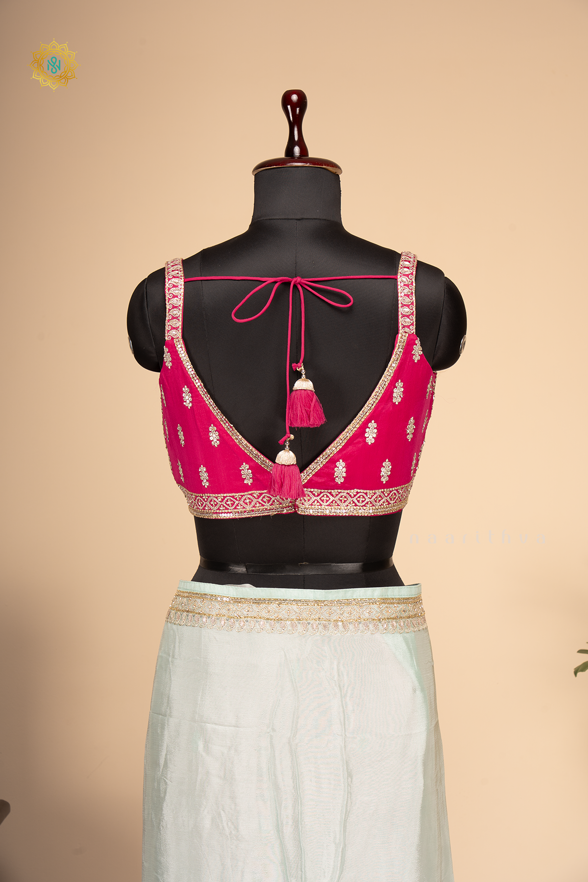 Aqua Blue With Pink Chinnon Designer Wear Saree with Readymade Blouse