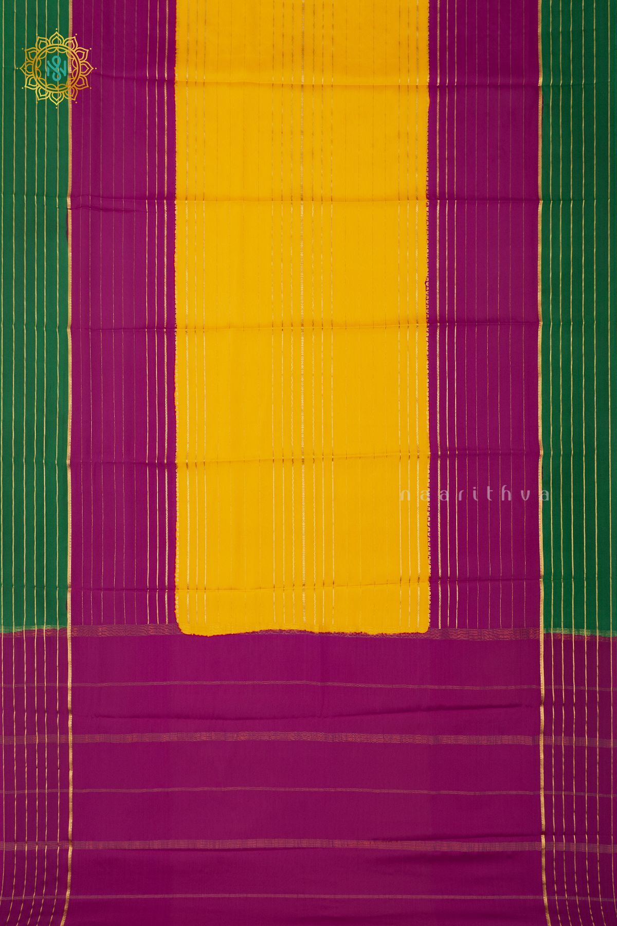 YELLOW WITH PINK & GREEN - PURE MYSORE CREPE SILK