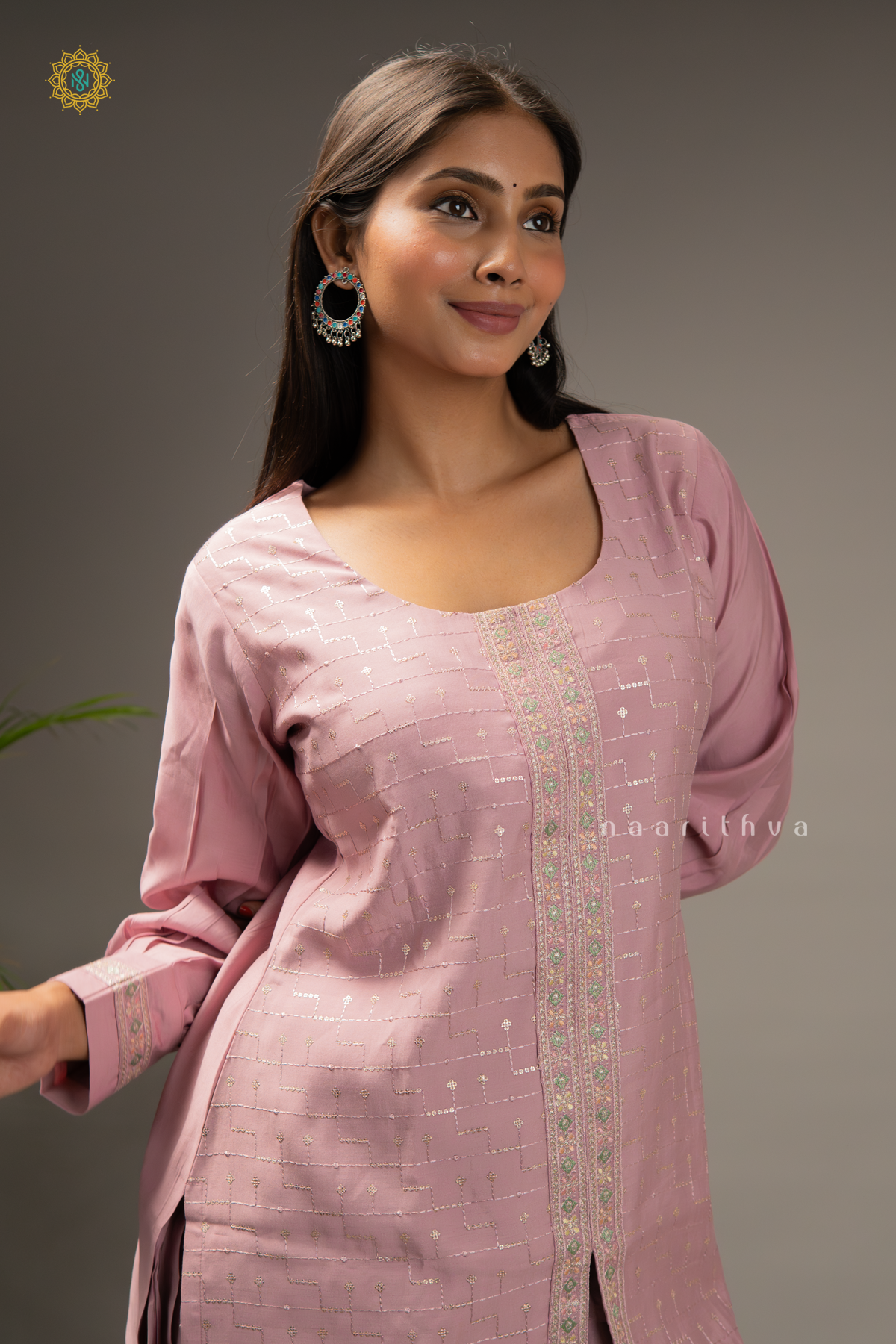 ONION PINK WITH GREEN - SILK 3PC SALWAR SUIT WITH TOP, BOTTOM & DUPATTA