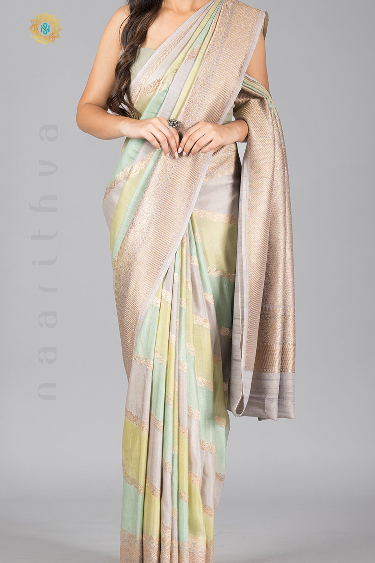 PASTEL SHADES OF BLUE, GREEN & GREY - PURE HANDLOOM TUSSAR GEORGETTE WITH WATER ZARI WEAVES
