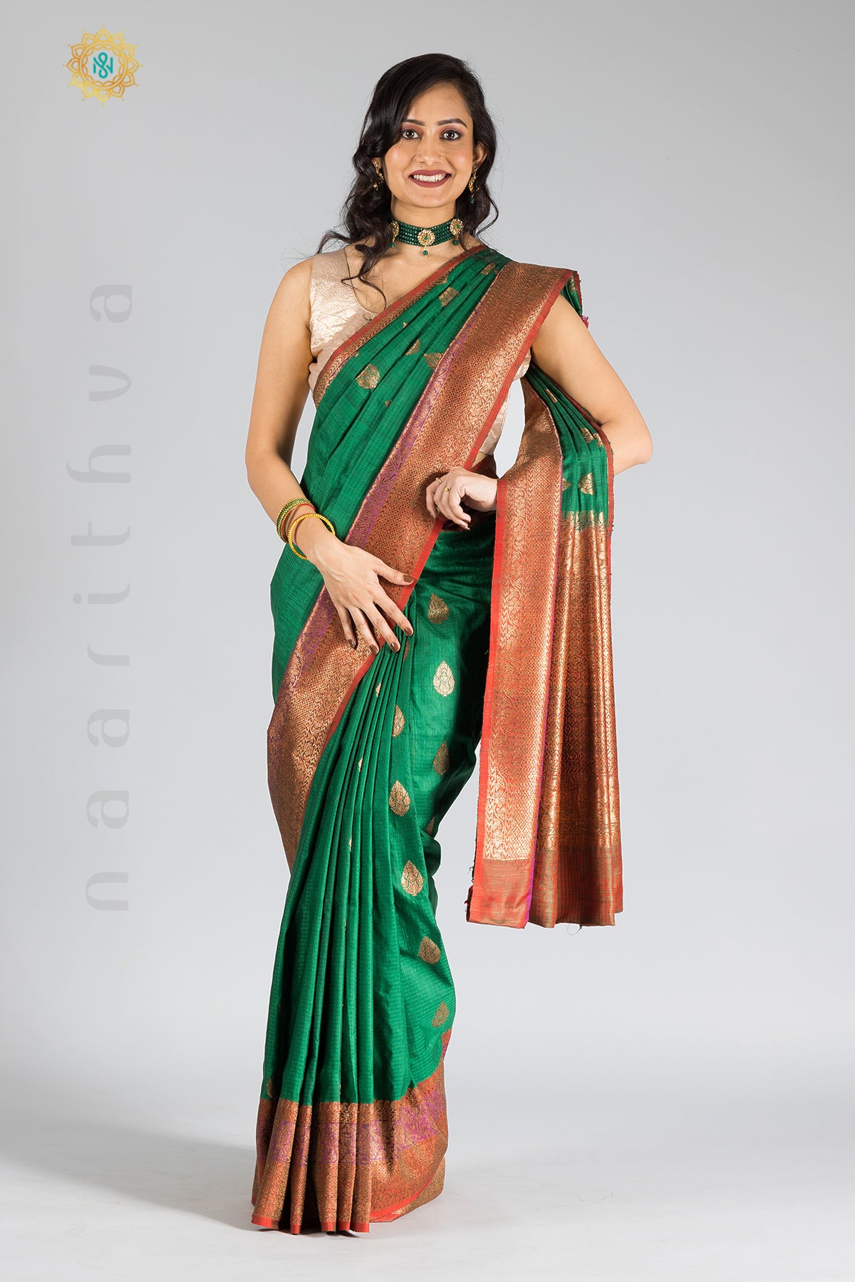 GREEN - PURE MATKA DUPION SILK WITH ZARI WOVEN BUTTA & CONTRAST BLOUSE