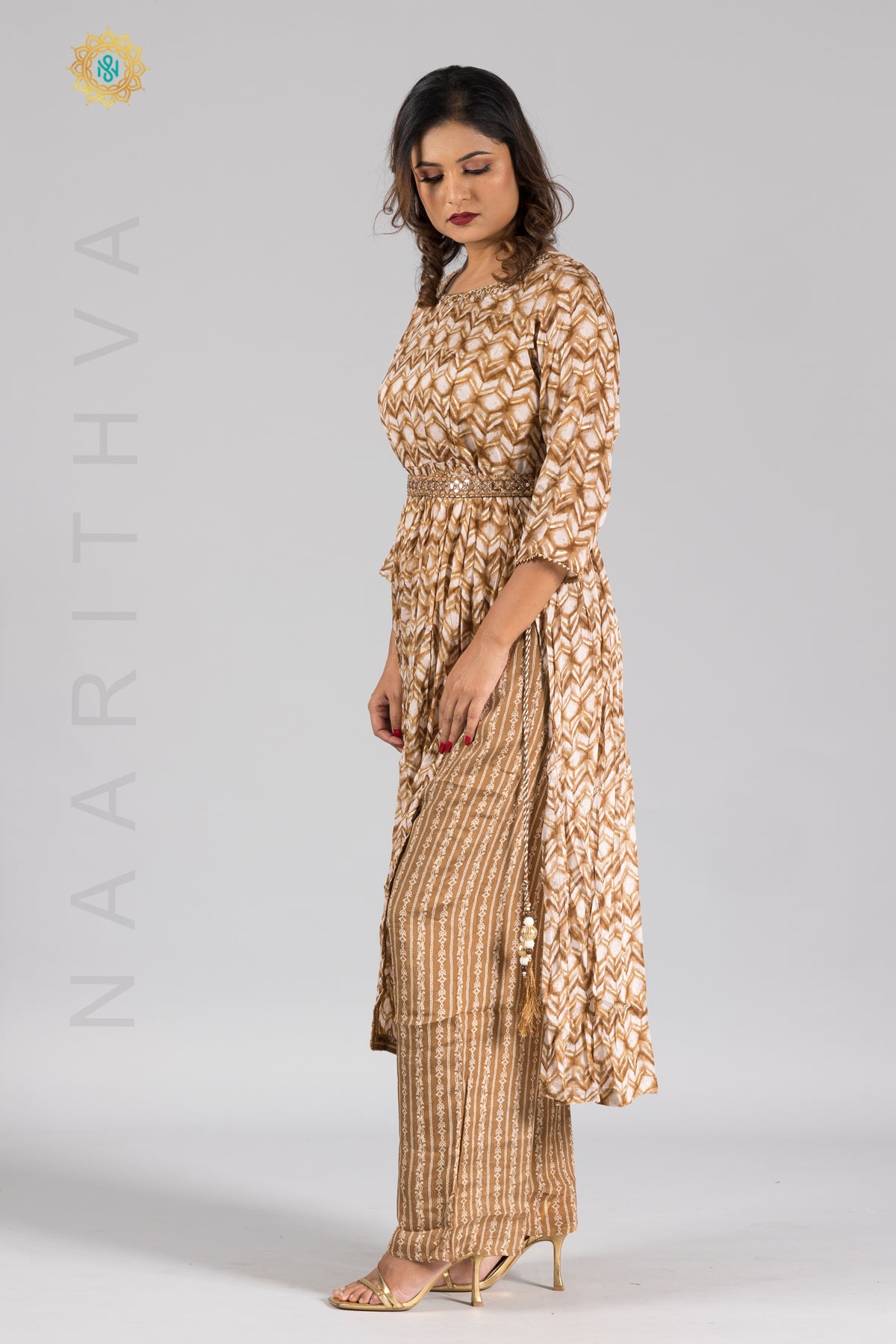 BROWN & WHITE - PARTY WEAR NAYRA CUT SALWAR SUIT WITH PARALLEL CUT PANT & DUPATTA