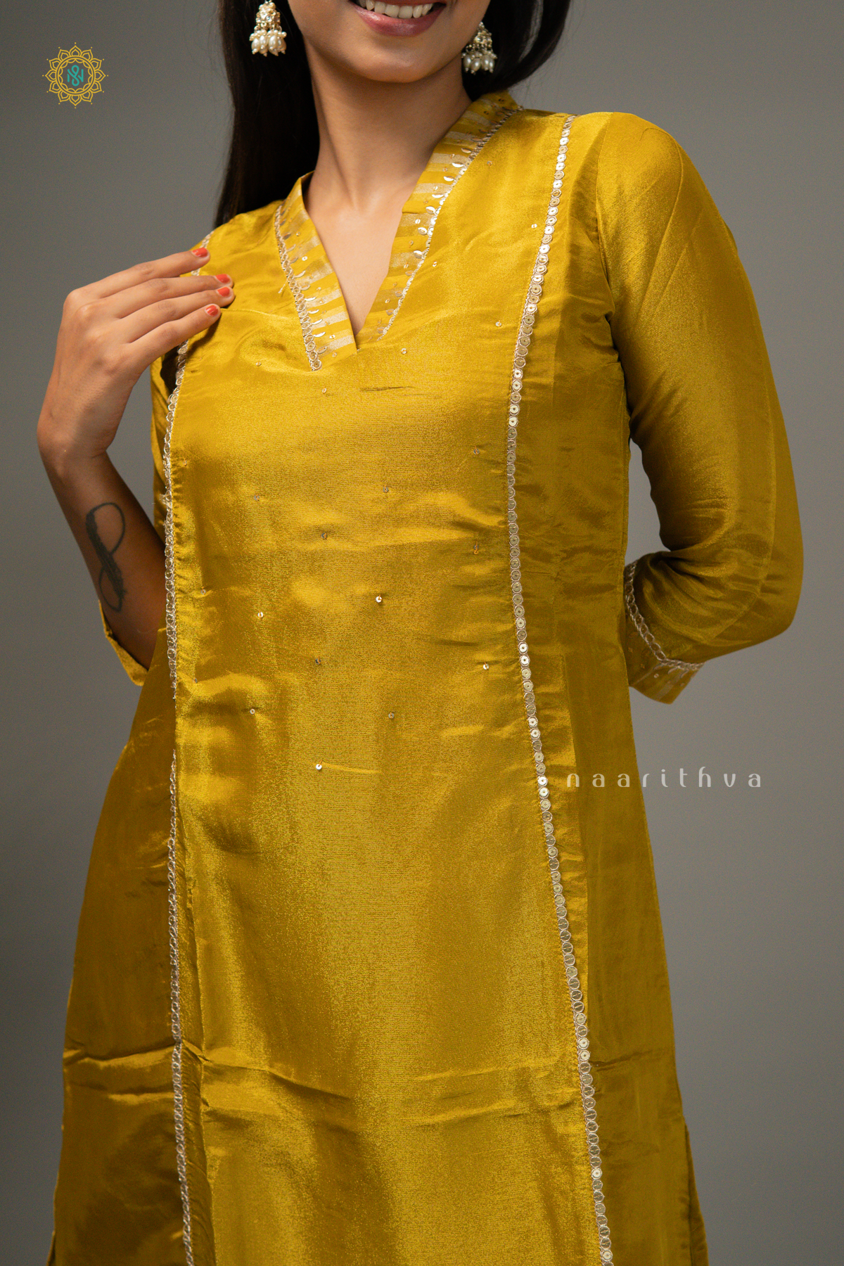YELLOW - TISSUE SALWAR SUIT WITH SEQUINS WORK TOP, BOTTOM & DUPPATA