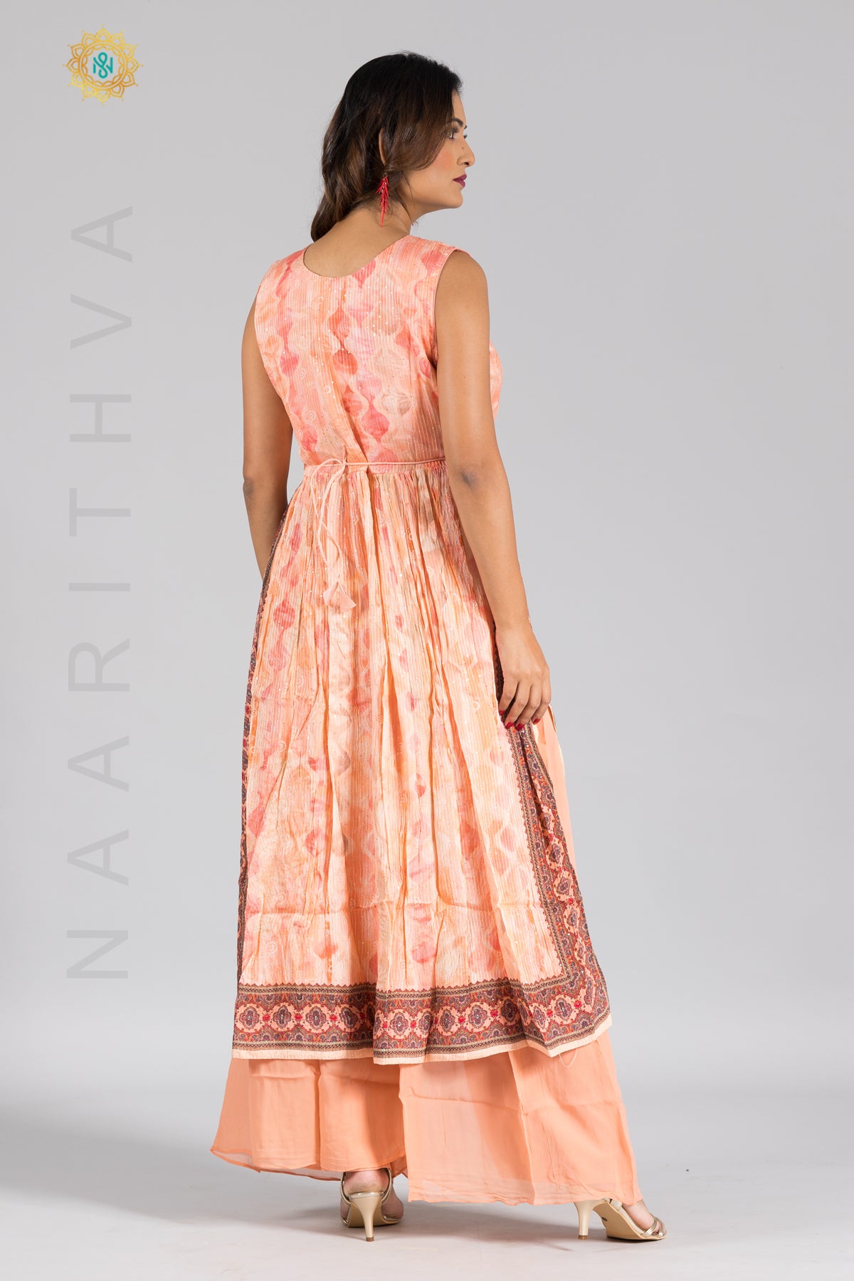PEACH - PRINTED NAYRA CUT SALWAR SUIT WITH PALAZZO PANT & DUPATTA