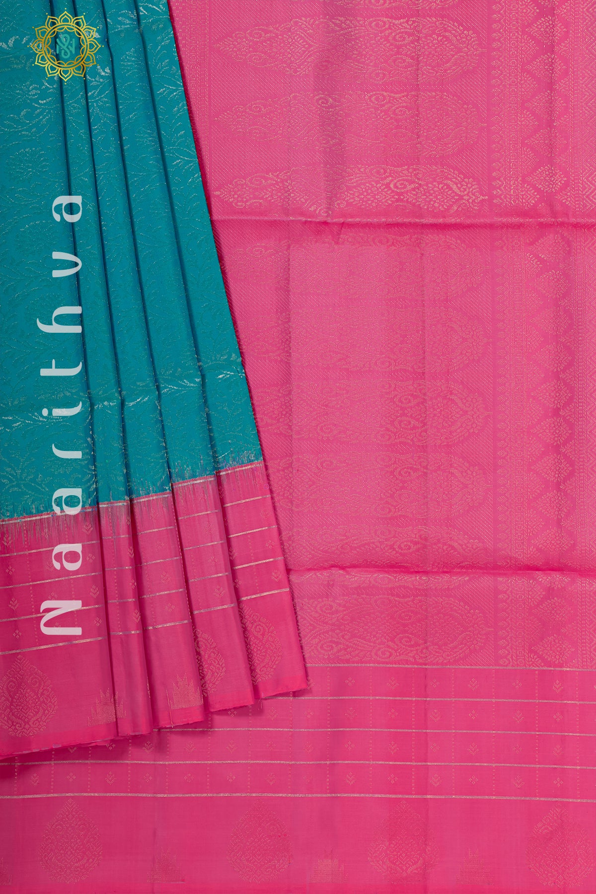 CYAN BLUE WITH PINK - PURE KANJIVARAM SOFT SILK