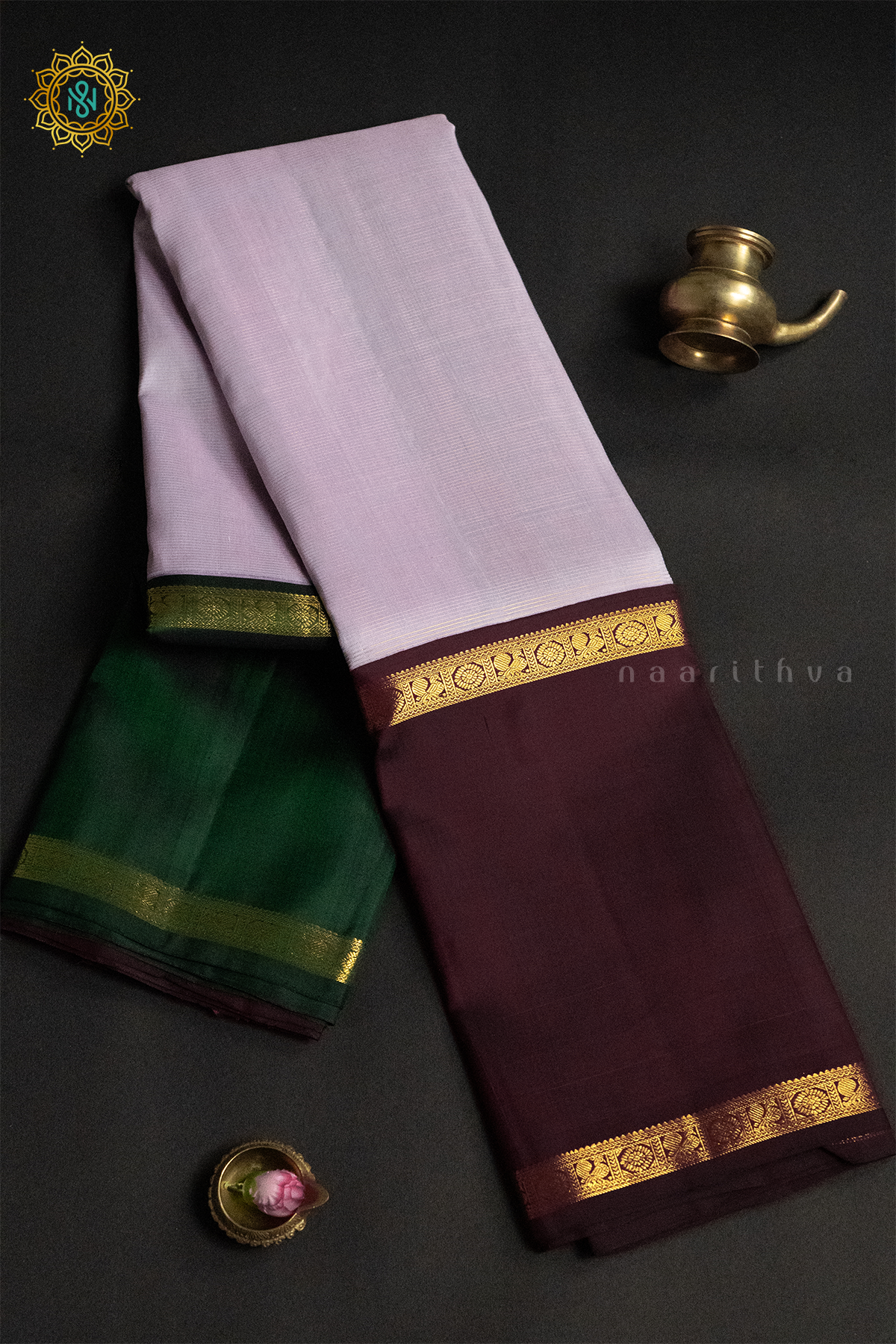LIGHT PINK WITH GREEN & WINE - PURE KANJIVARAM SILK