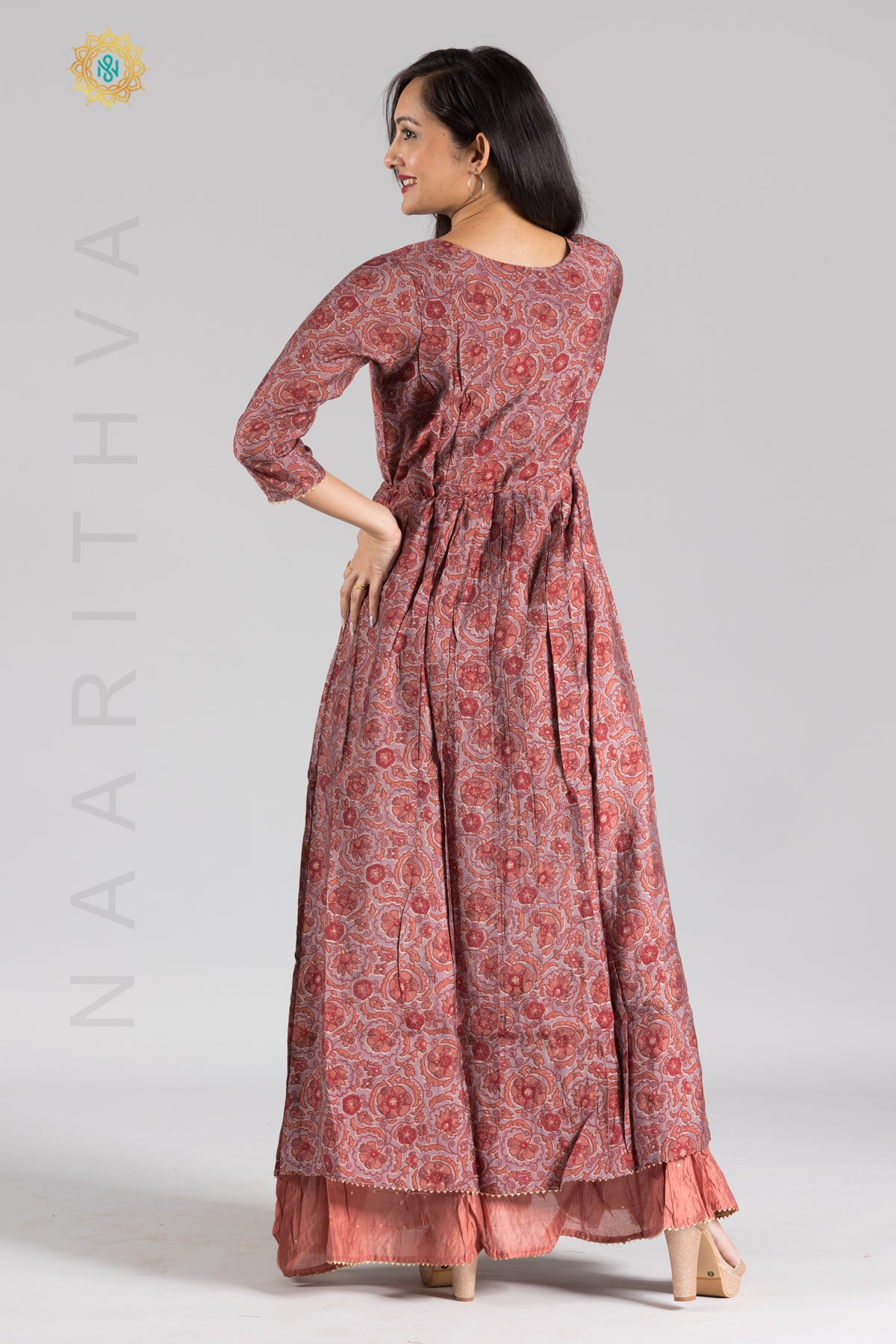 PEACH - PRINTED FLOOR LENGHT KURTHI WITH BEAUTIFUL HANDWORK ON NECKLINE