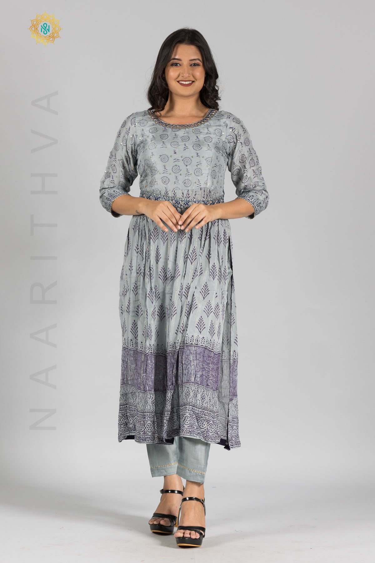GREY - PRINTED NAYRA CUT SALWAR SUIT WITH STRAIGHT CUT PANT & DUPATTA