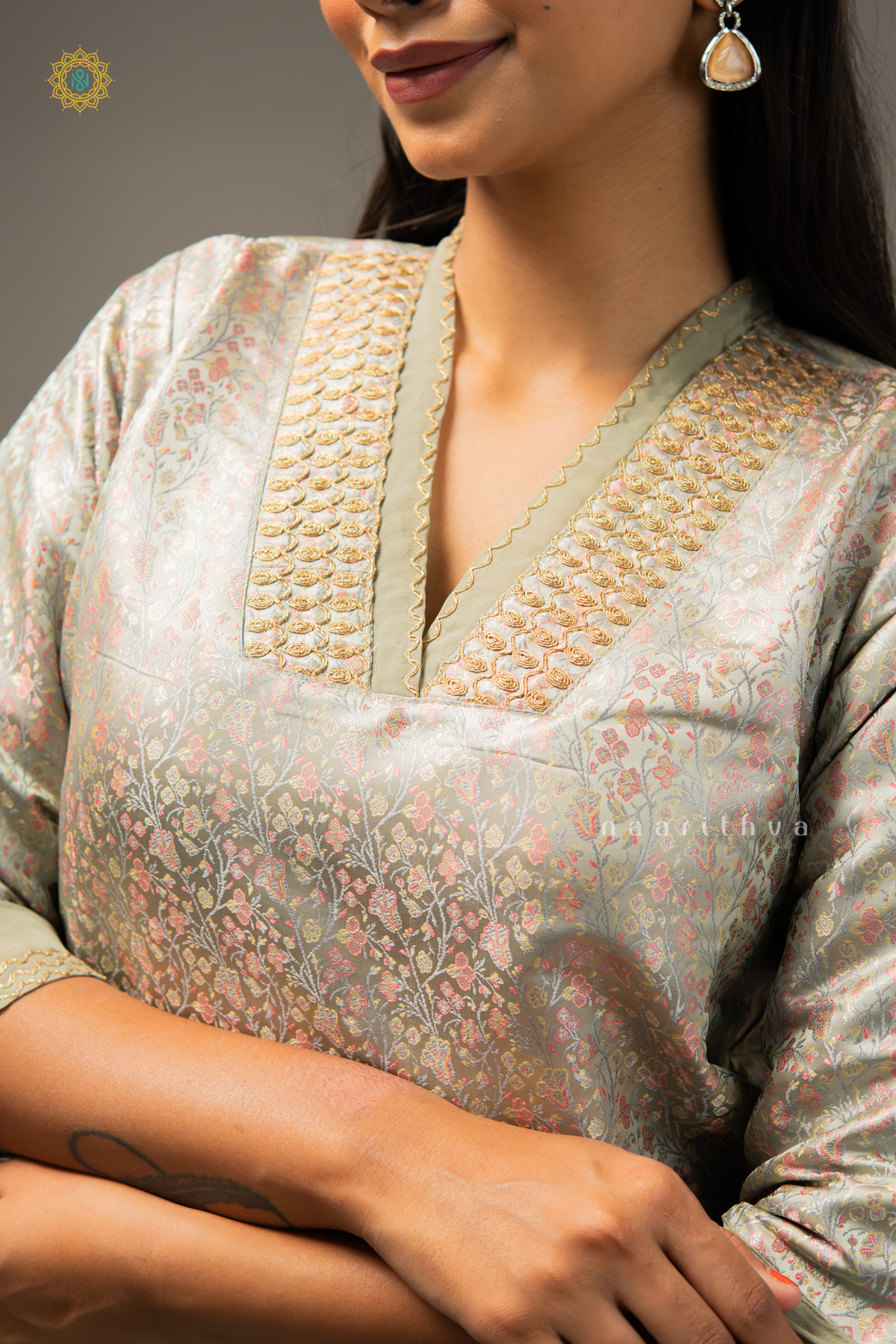 GREY - SATIN 3PC SALWAR SUIT WITH TANCHOI WEAVING TOP, BOTTOM & DUPATTA