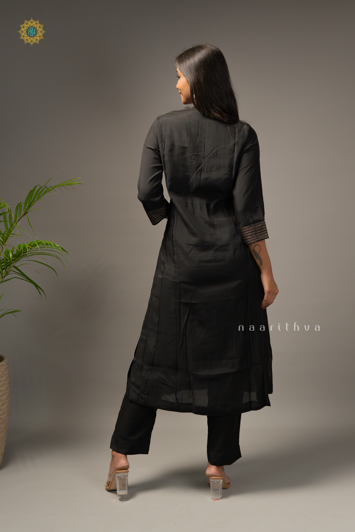 BLACK WITH OFF WHITE - SILK 3PC SALWAR SUIT WITH TOP, BOTTOM & DUPATTA