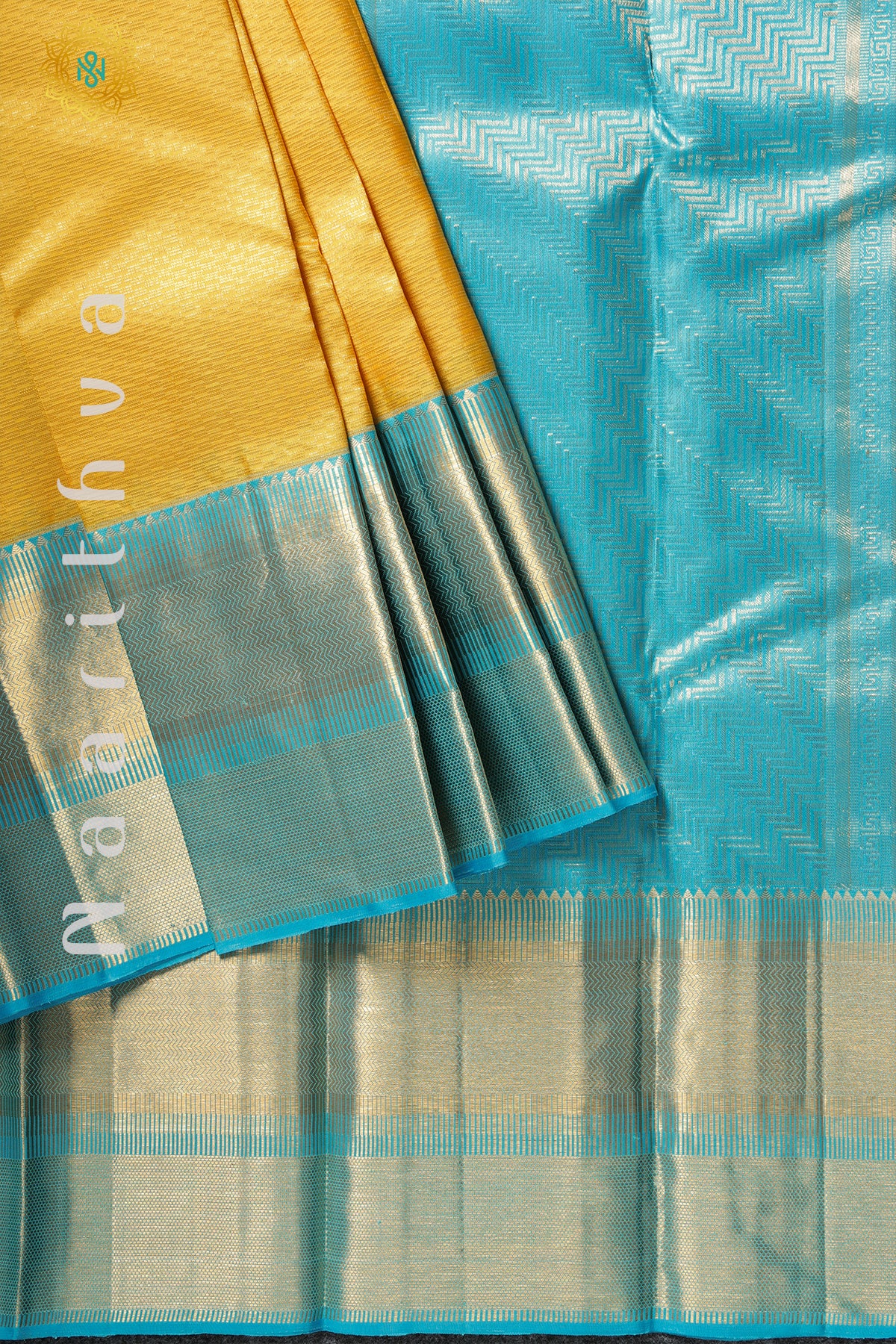 GOLDEN YELLOW WITH SKY BLUE - PURE KANJIVARAM SILK