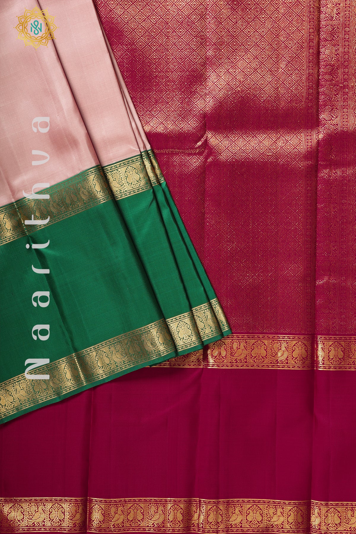 BEIGE WITH PINK & GREEN -PURE KANJIVARAM SILK