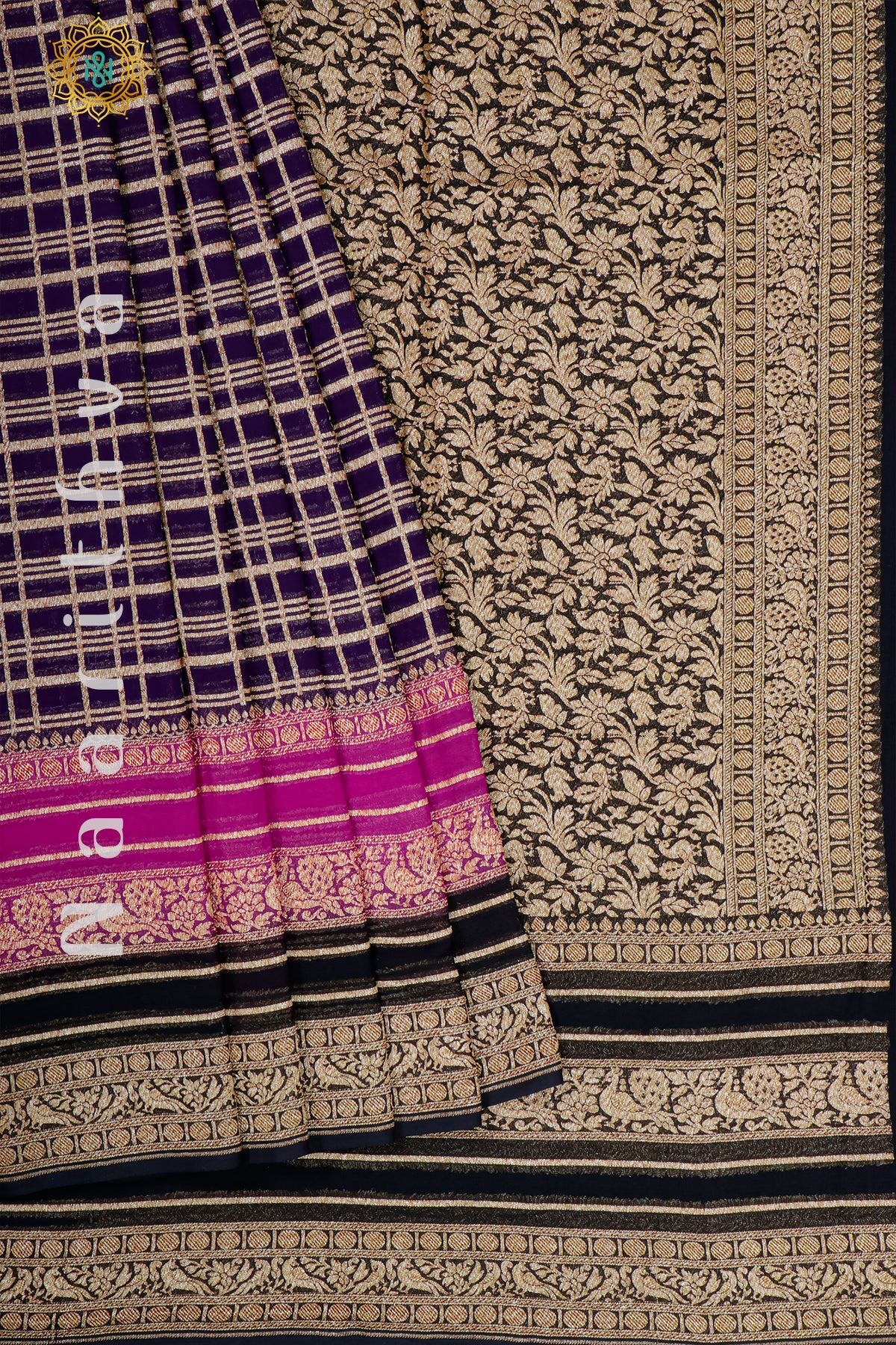 NAVY BLUE WITH PINK & BLACK - PURE HANDLOOM KHADDI GEORGETTE