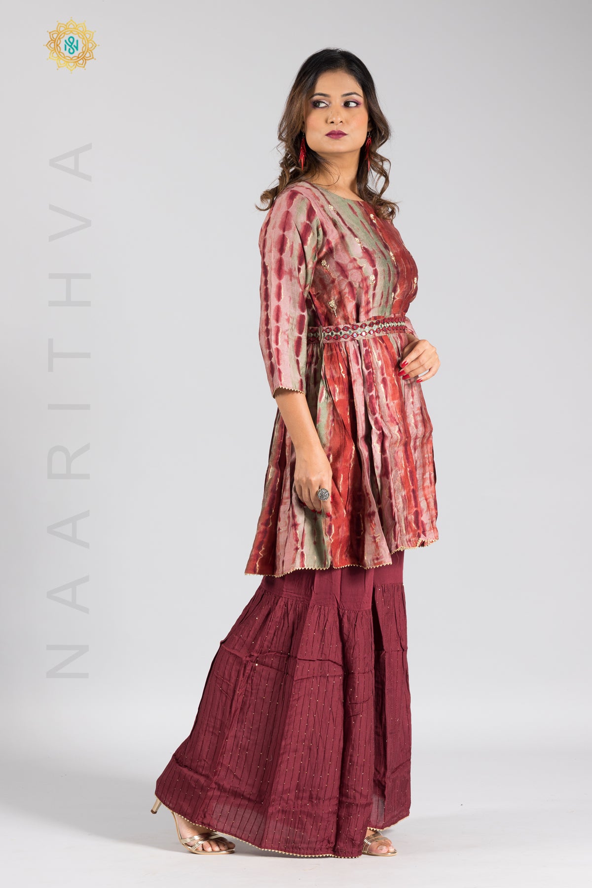 MAROON - PRINTED PAPLONE SALWAR SUIT WITH SHARARA PANT & DUPATTA