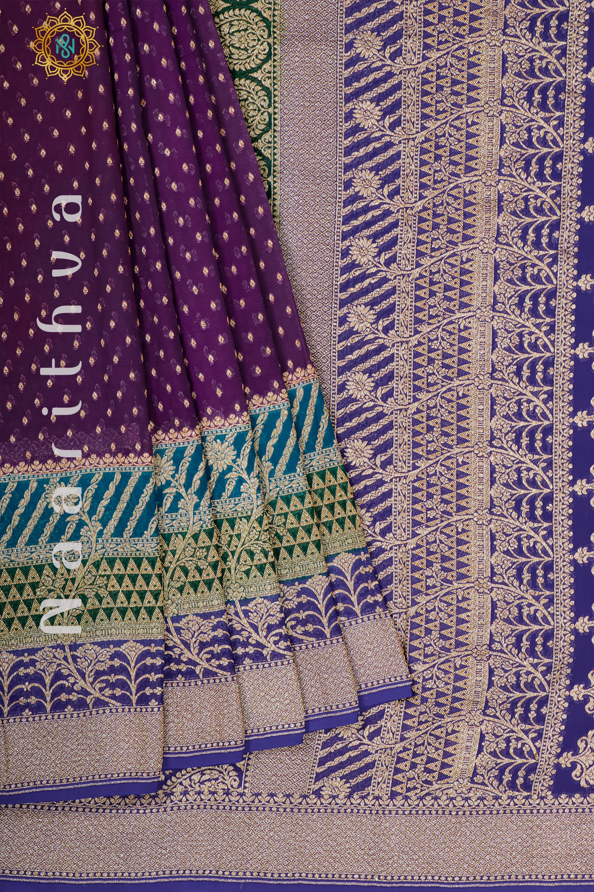 PURPLE WITH SKY BLUE, GREEN & BLUE - PURE HANDLOOM KHADDI GEORGETTE BANARAS