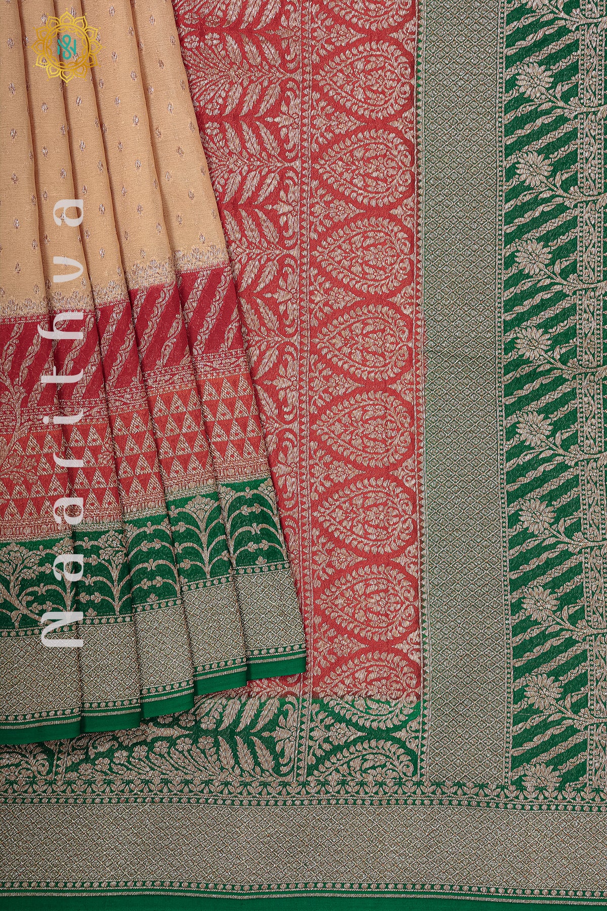 CREAM WITH RED & ORANGE, GREEN - PURE HANDLOOM KHADDI GEORGETTE BANARAS