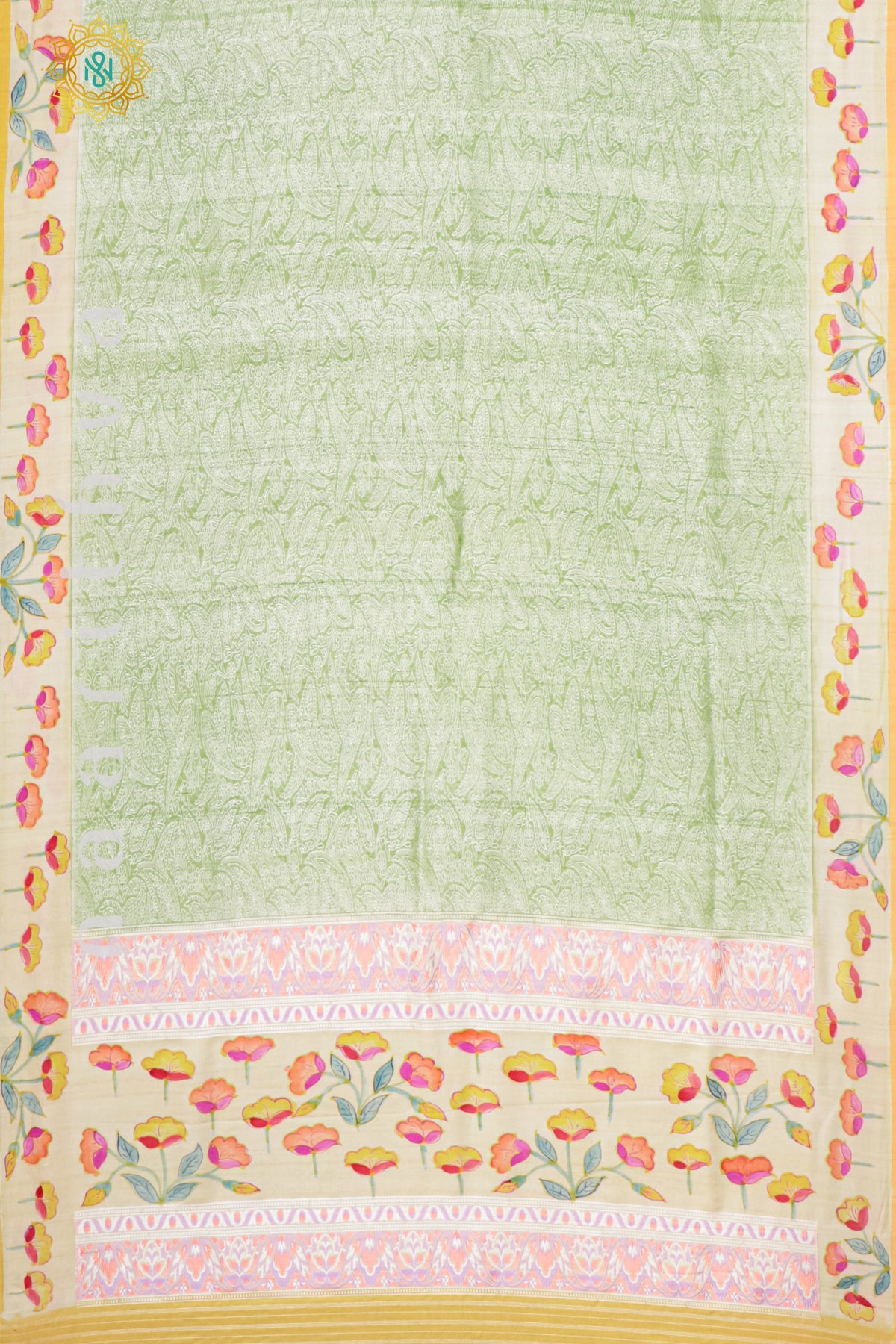 GREEN WITH OFF WHITE & YELLOW - PURE HAND PAINTED TUSSAR GEORGETTE