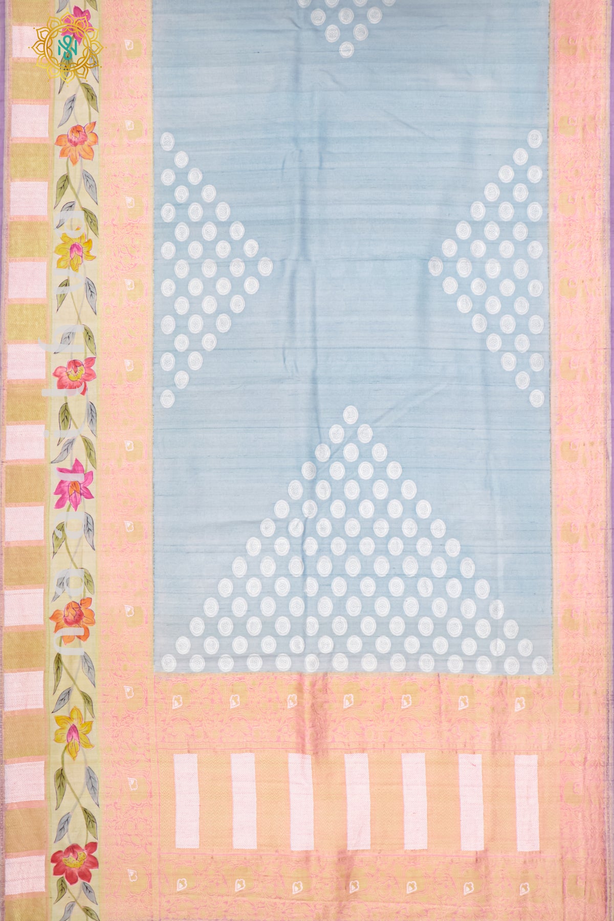 AQUA BLUE WITH PEACH & LAVENDER - PURE HAND PAINTED TUSSAR GEORGETTE