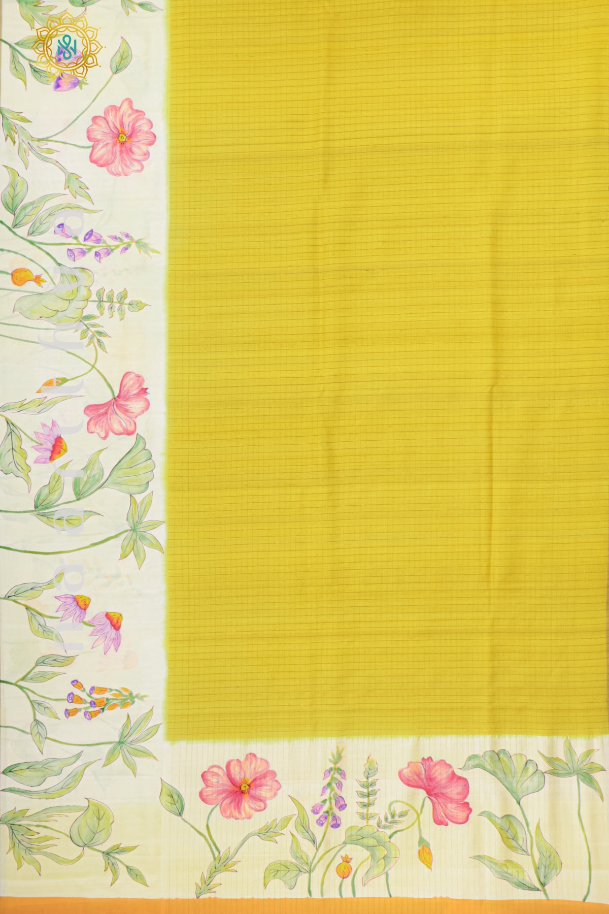 YELLOW WITH OFF WHITE & ORANGE - PURE HAND PAINTED TUSSAR GEORGETTE
