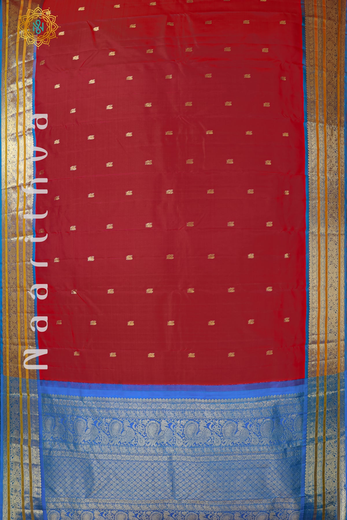 DUAL SHADE OF RED WITH MUSTARD & BLUE - PURE KANJIVARAM SILK