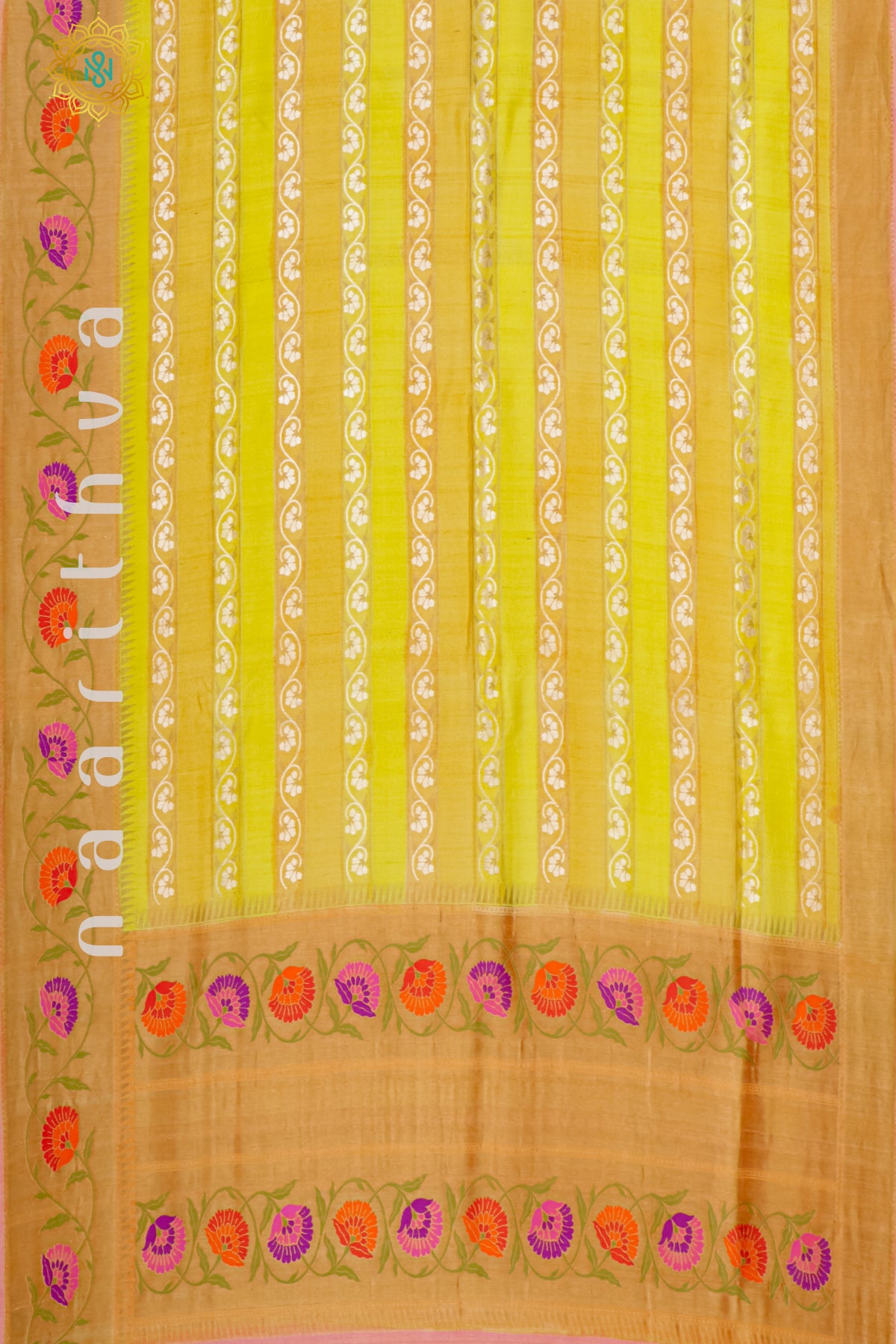 DUAL SHADE OF YELLOW WITH PEACHISH PINK - PURE HAND PAINTED TUSSAR GEORGETTE