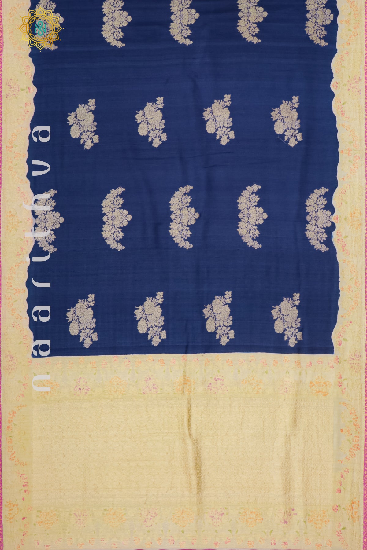 BLUE WITH OFF WHITE & RANI PINK - PURE HAND PAINTED TUSSAR GEORGETTE