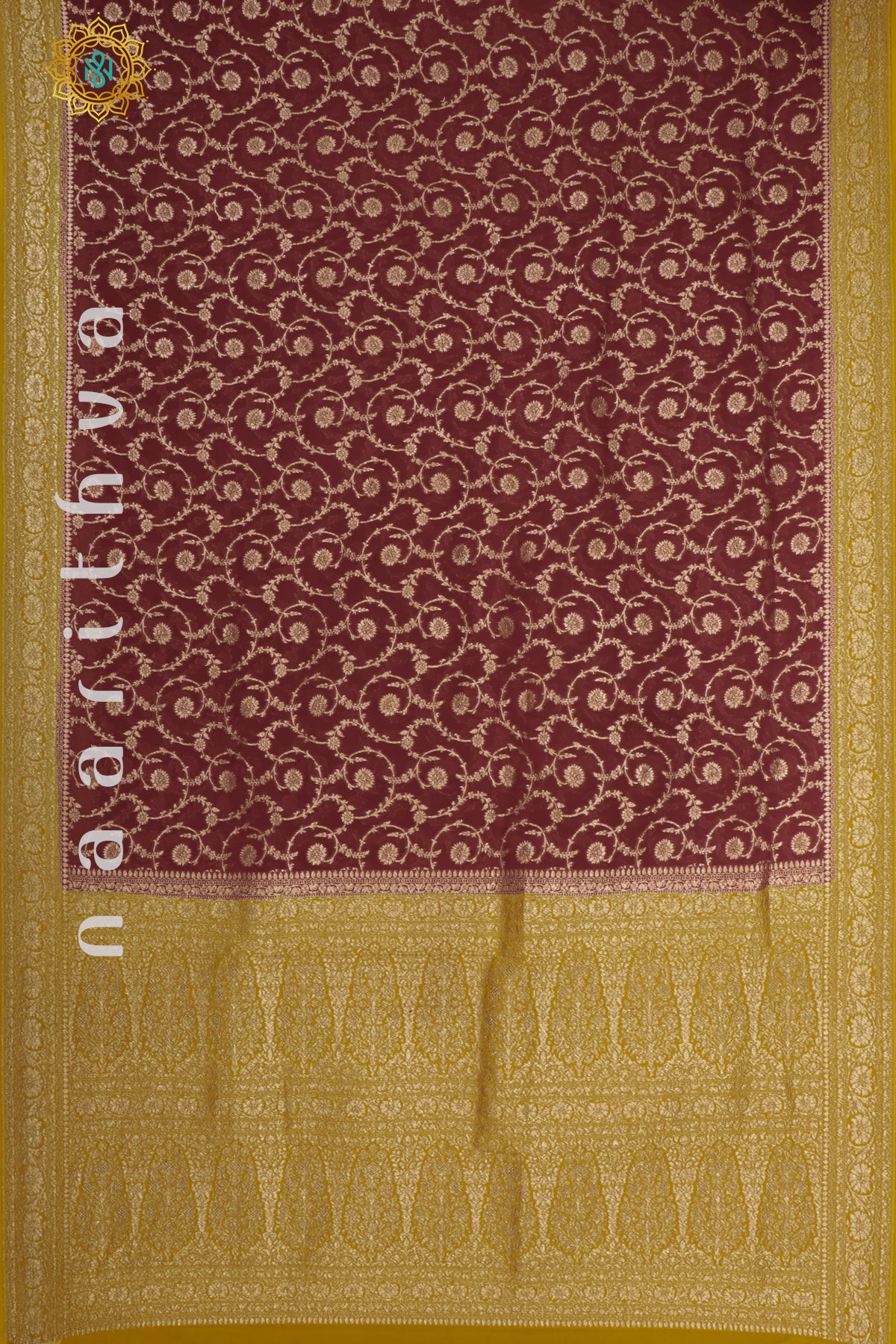 MAROON WITH MUSTARD - PURE HANDLOOM KHADDI GEORGETTE BANARAS
