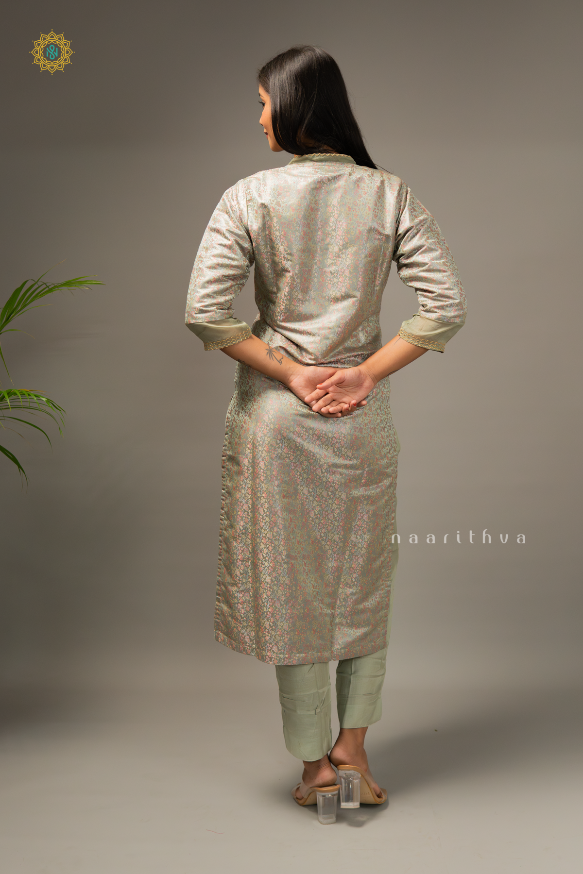GREY - SATIN 3PC SALWAR SUIT WITH TANCHOI WEAVING TOP, BOTTOM & DUPATTA