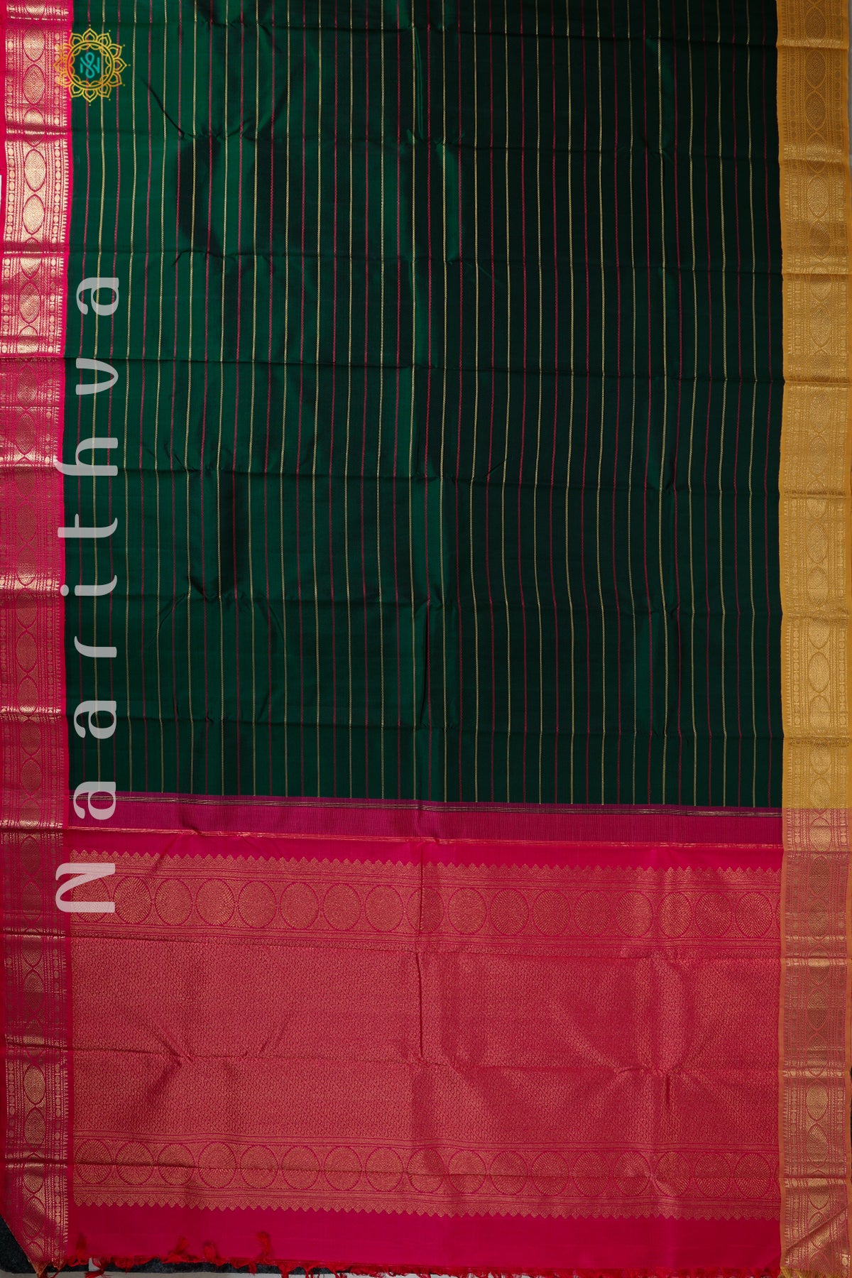 BOTTLE GREEN WITH PINK & YELLOW - PURE KANJIVARAM SILK