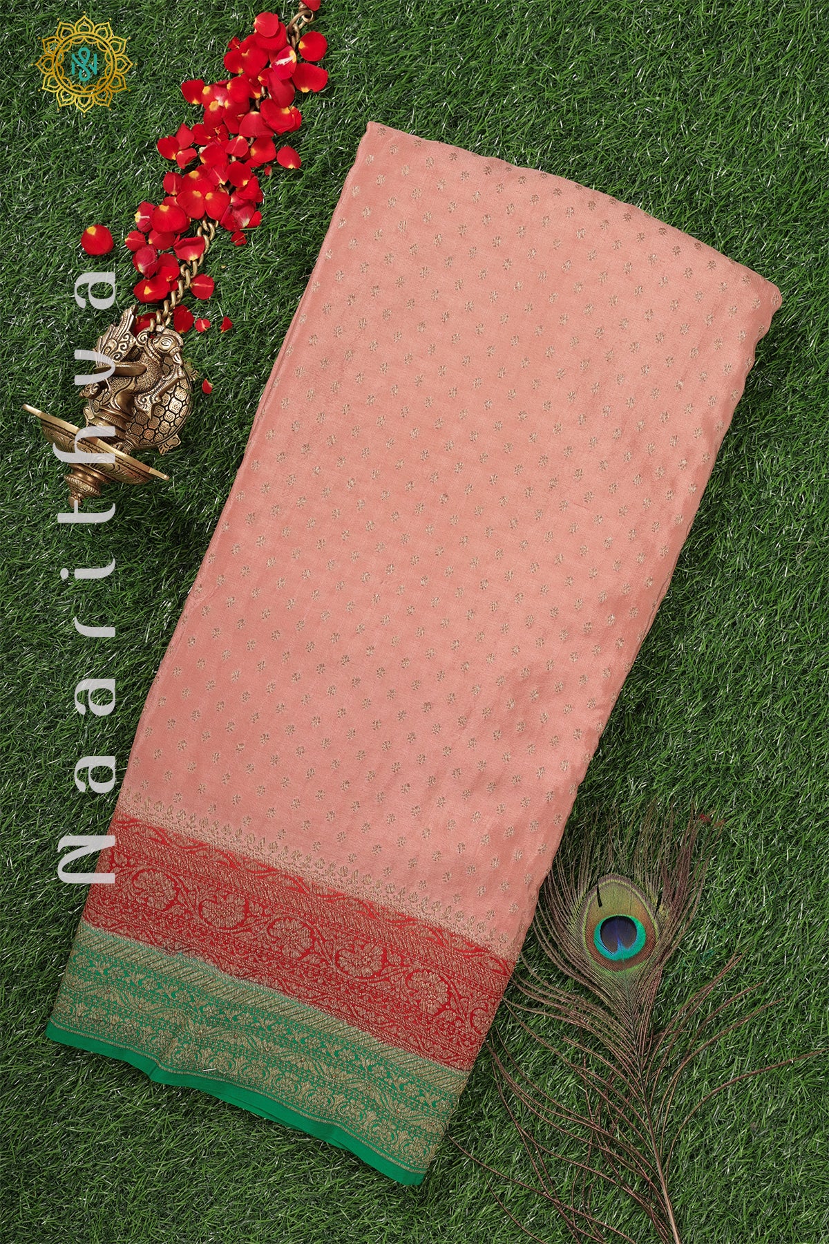PEACH WITH RED & GREEN - PURE BANARASI CREPE
