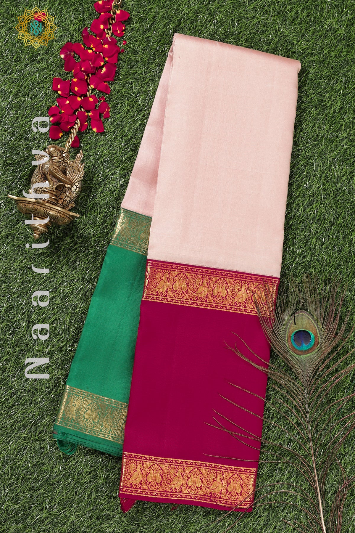 BEIGE WITH PINK & GREEN -PURE KANJIVARAM SILK