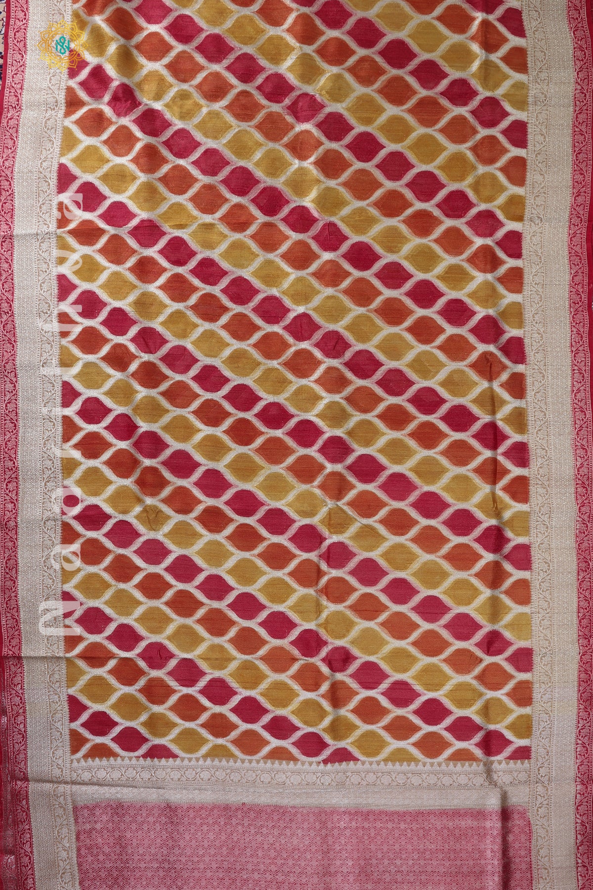 YELLOW WITH PINK & ORANGE - PURE HANDLOOM TUSSAR SILK