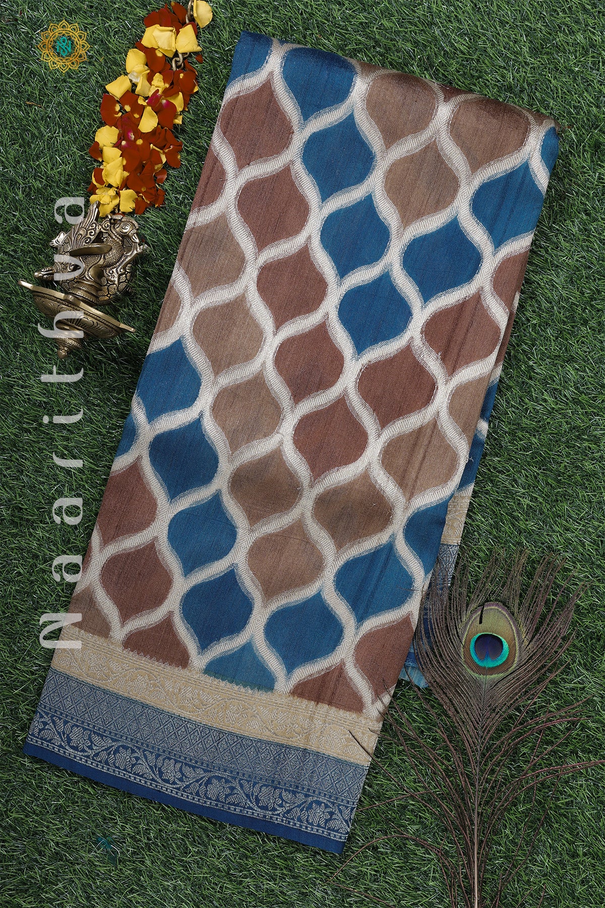 BROWN WITH BLUE - PURE TUSSAR SILK