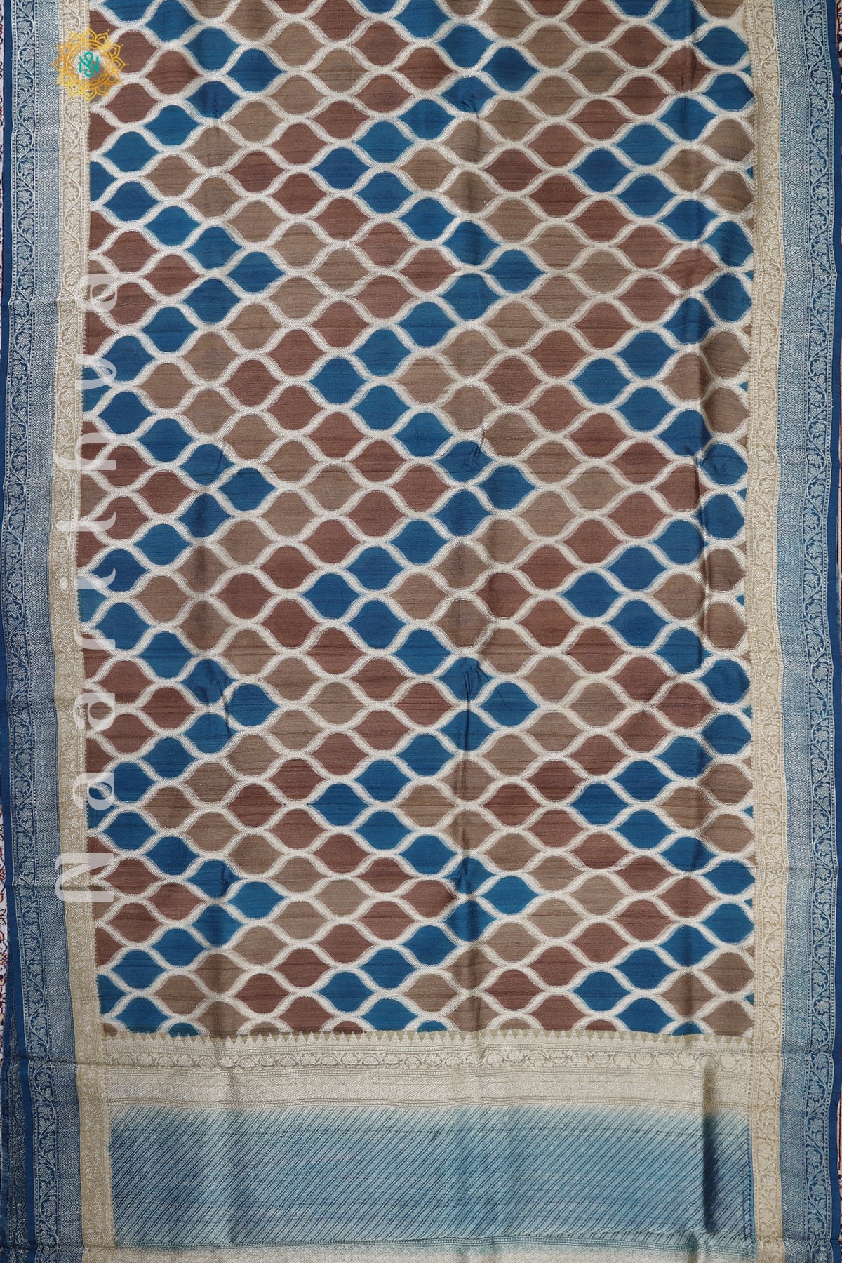 BROWN WITH BLUE - PURE TUSSAR SILK